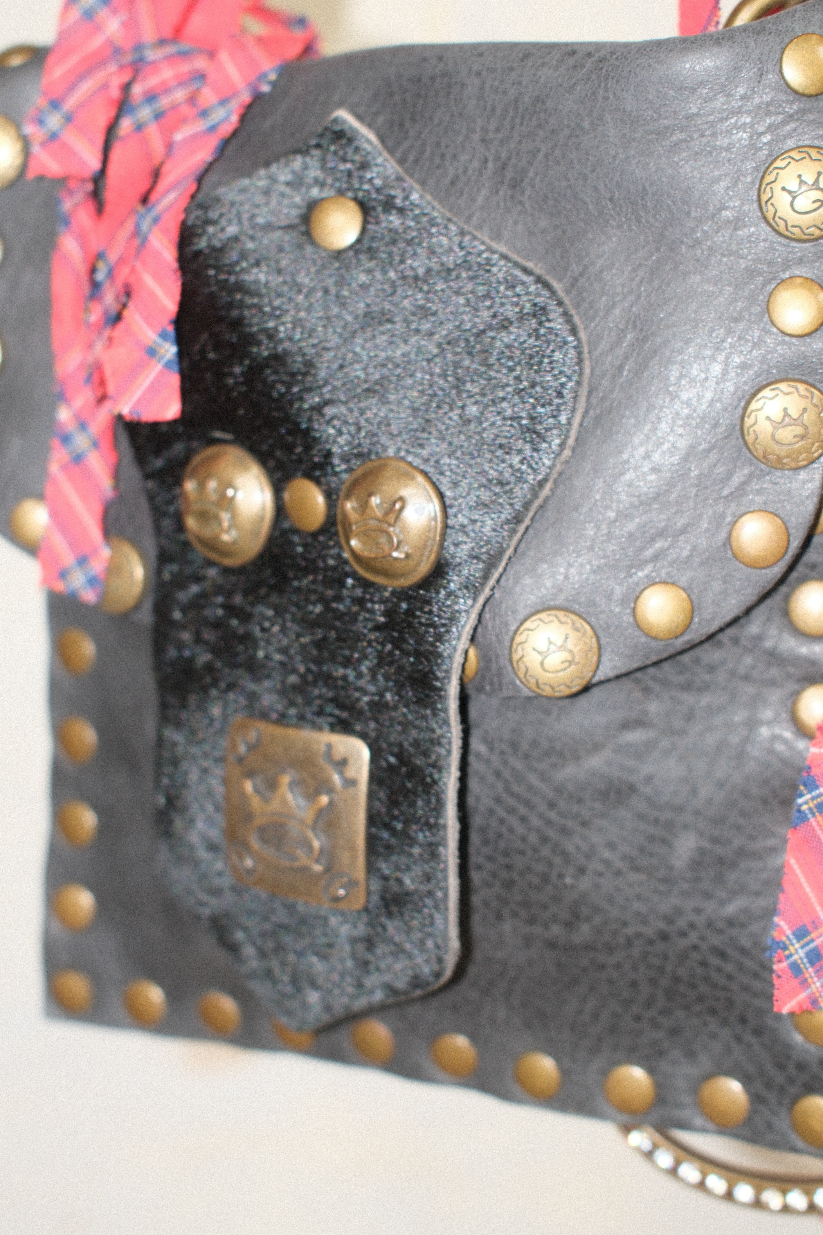 SAVE THE QUEEN DARK GRAY LEATHER BAG WITH BEADS CHARMS & STUDS