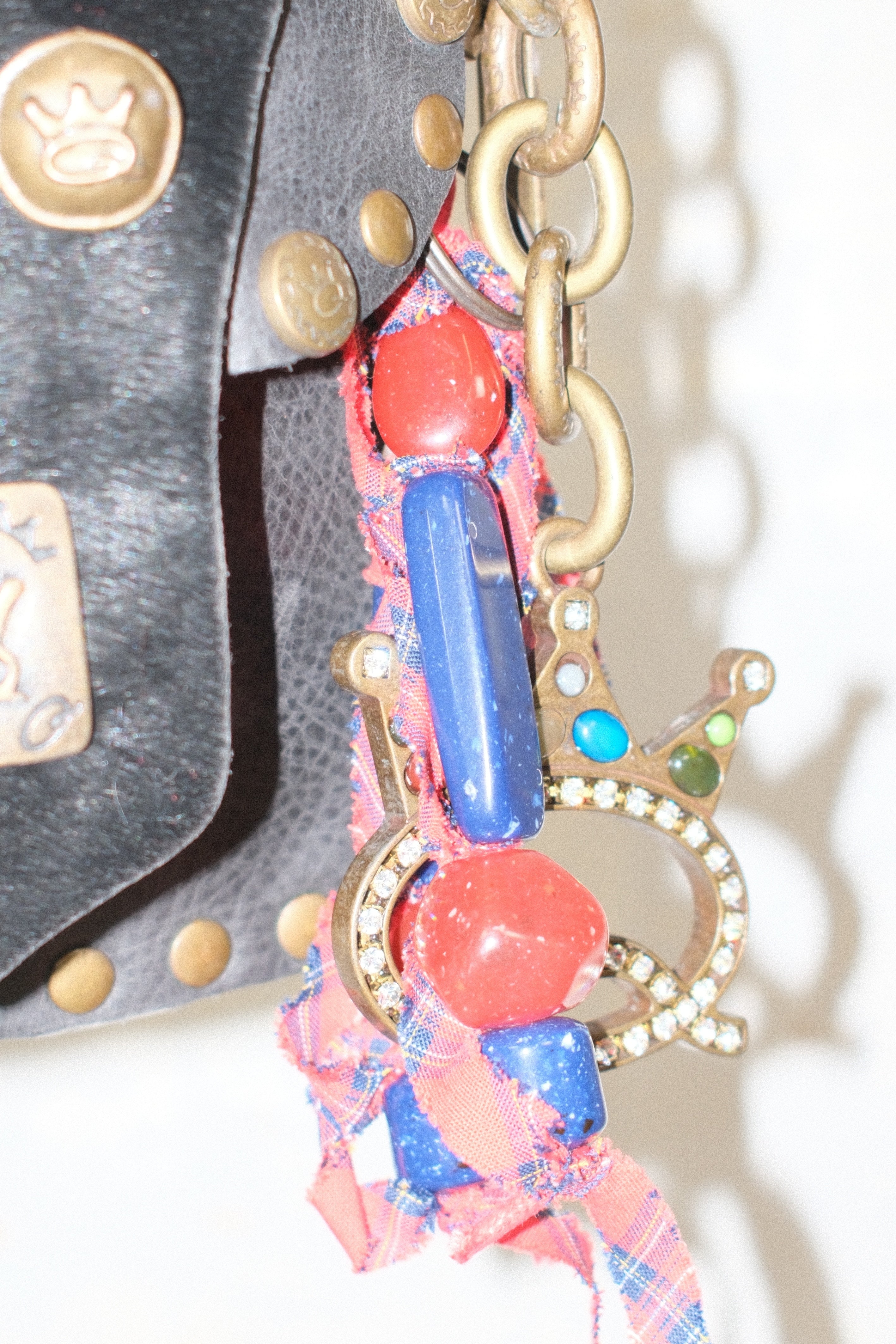 SAVE THE QUEEN DARK GRAY LEATHER BAG WITH BEADS CHARMS & STUDS