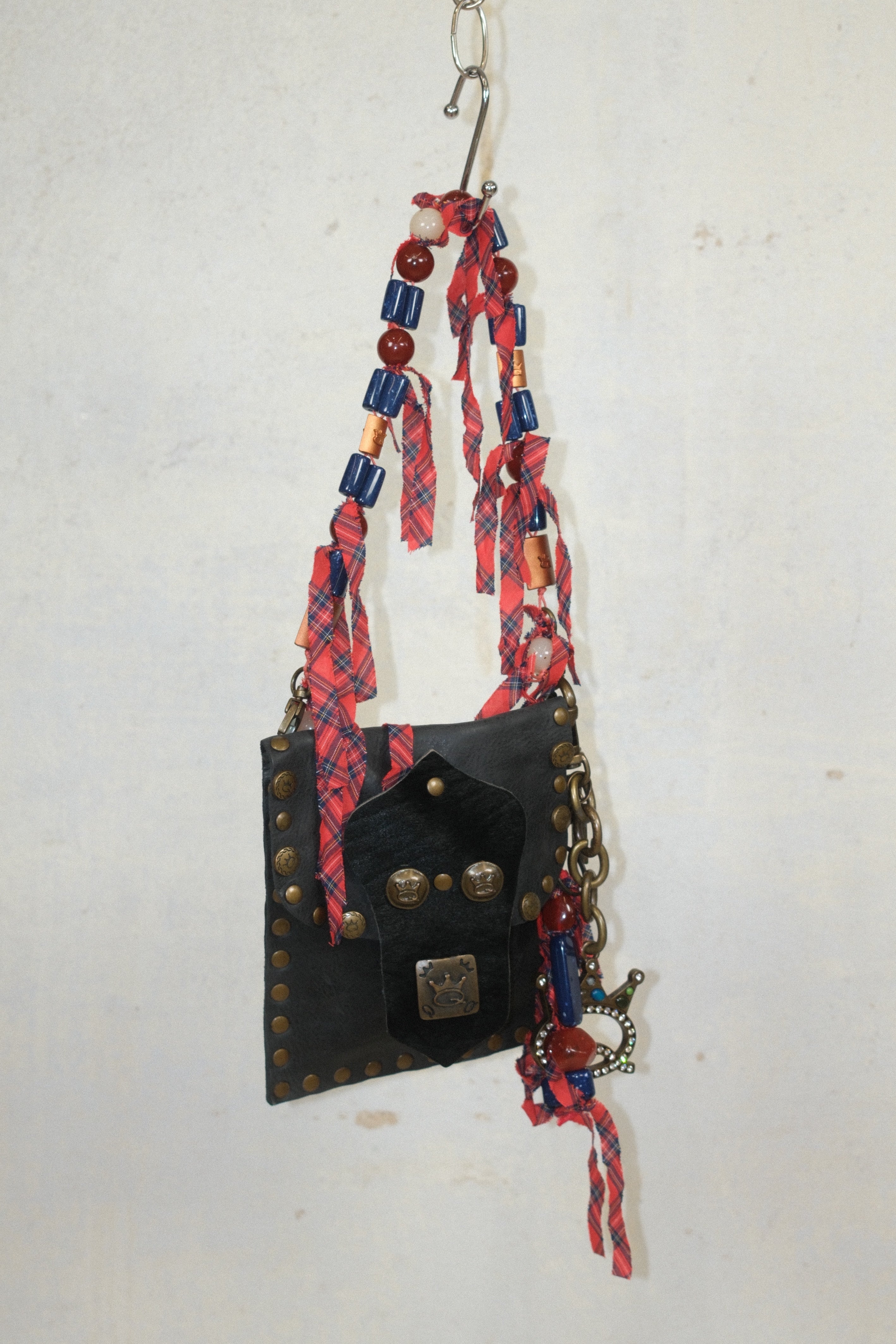 SAVE THE QUEEN DARK GRAY LEATHER BAG WITH BEADS CHARMS & STUDS