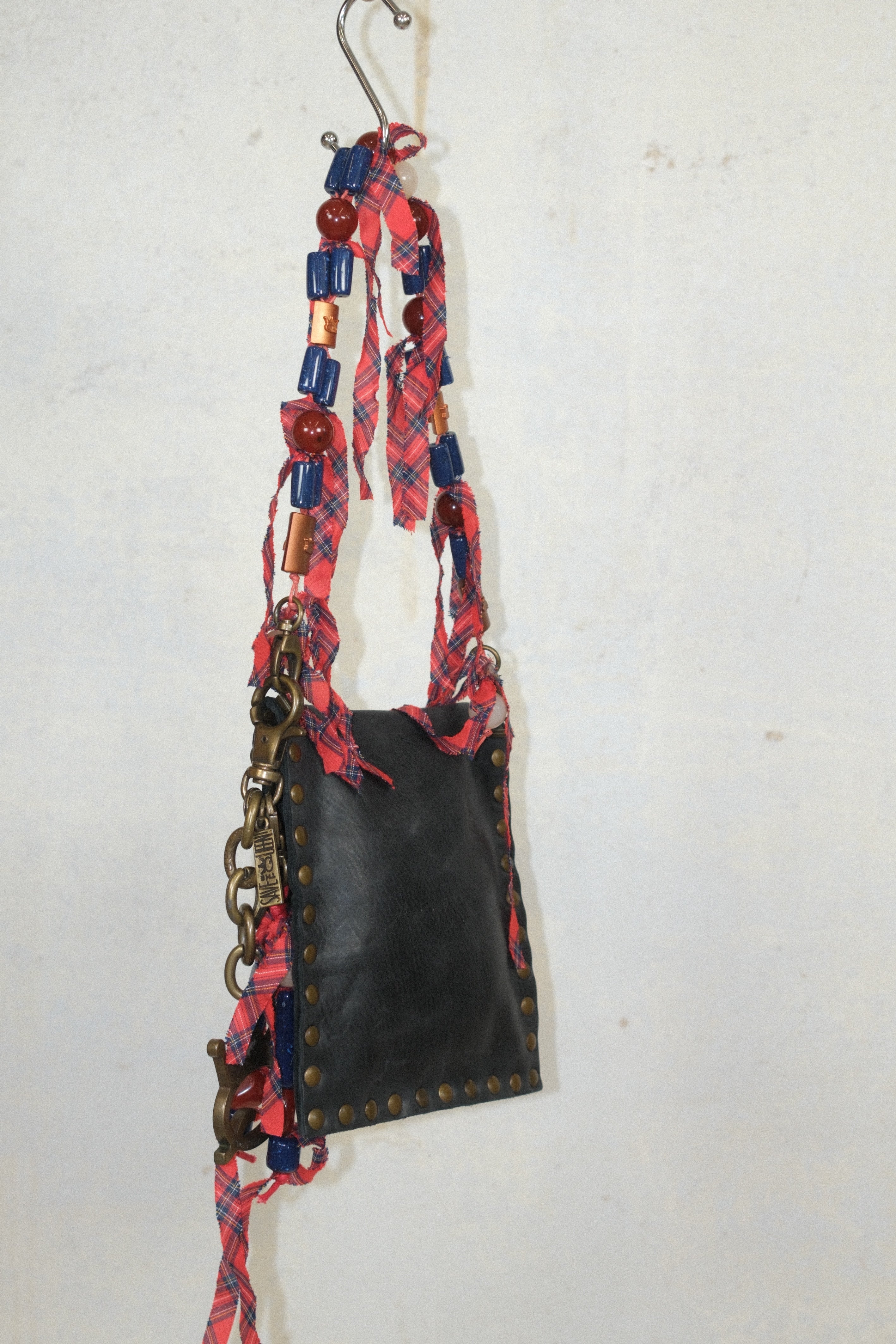 SAVE THE QUEEN DARK GRAY LEATHER BAG WITH BEADS CHARMS & STUDS