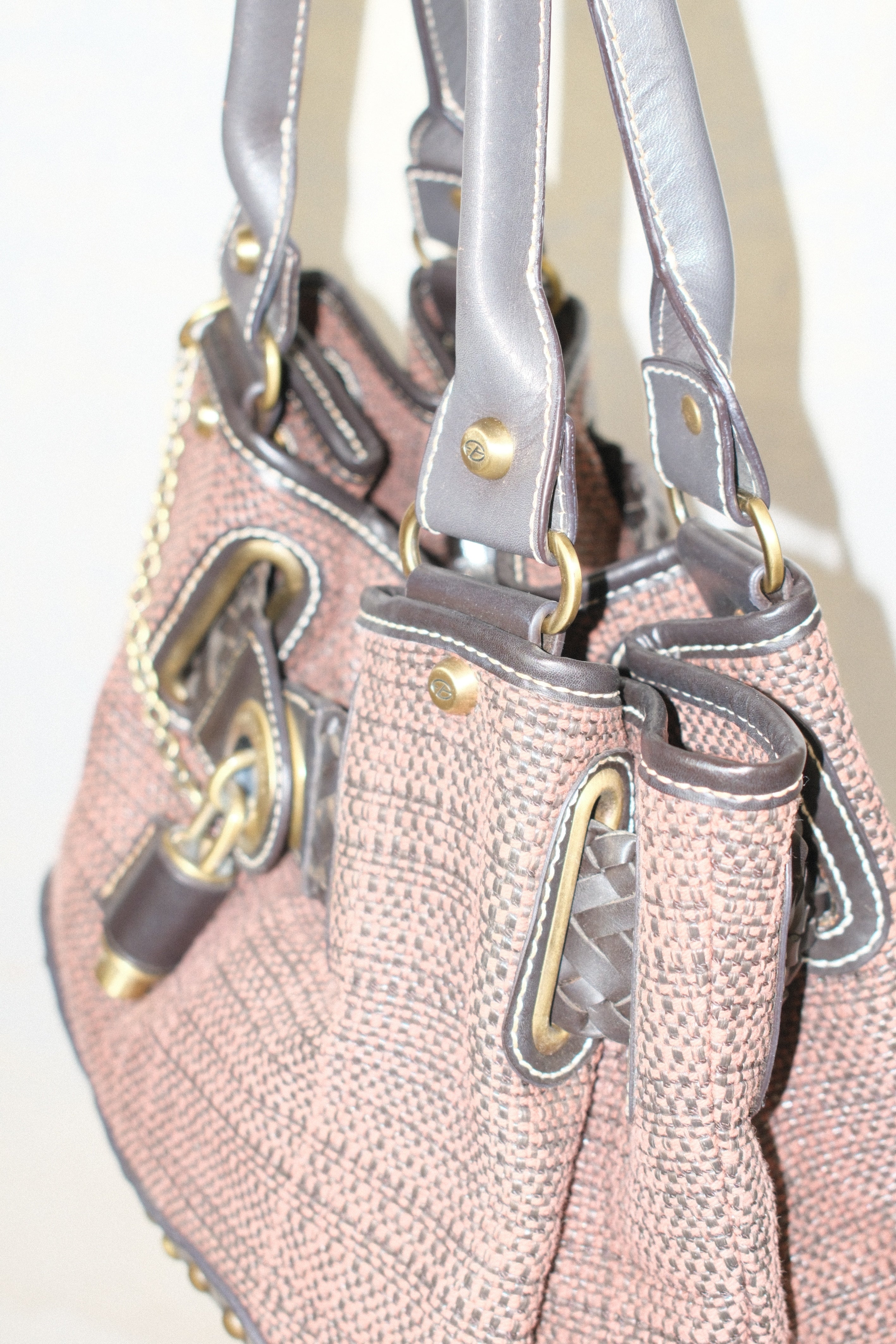 FRANCESCO BIASIA WOVEN BAG WITH CHARM CLOSURE IN CHOCOLATE BROWN & EARTH TONE