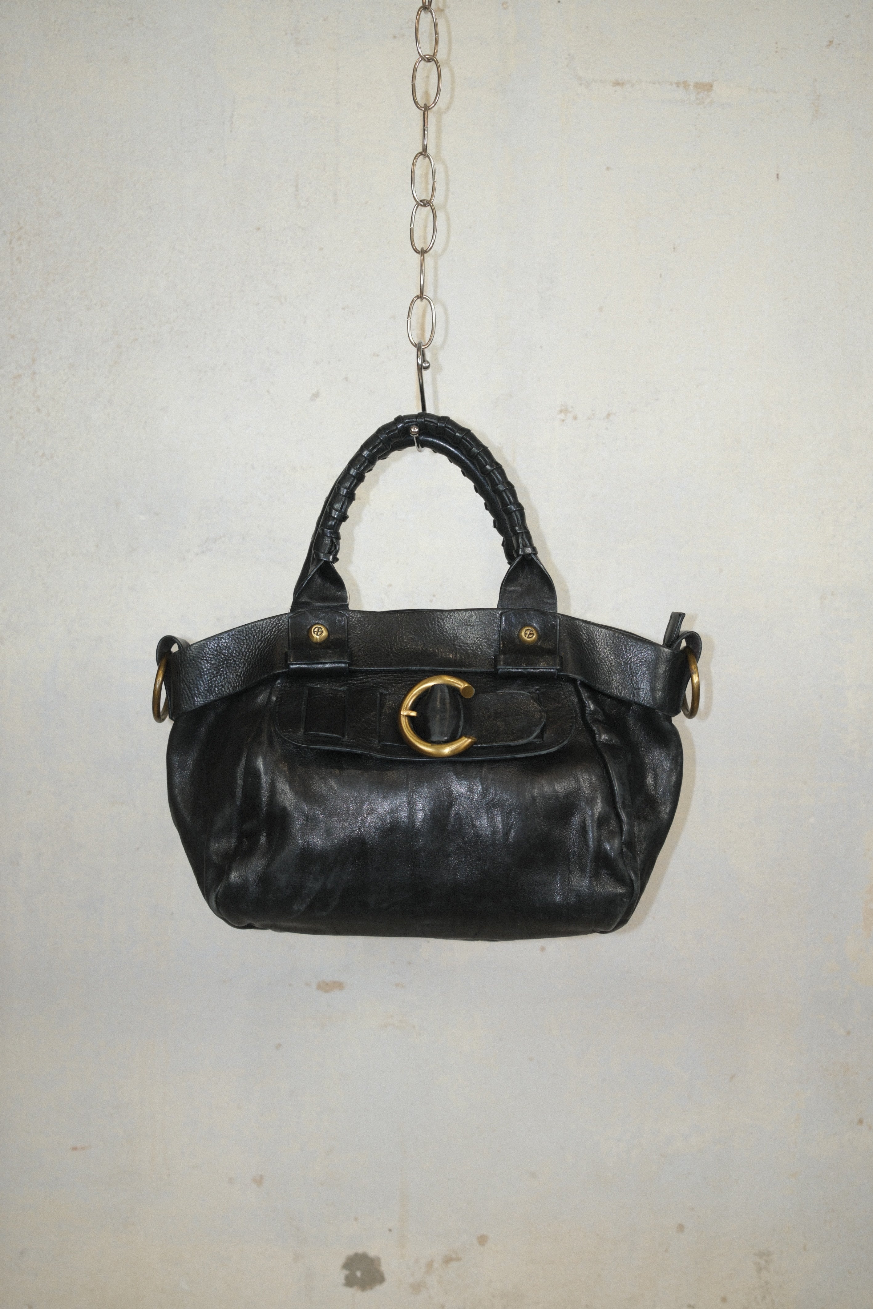 FRANCESCO BIASIA CLASSIC BLACK LEATHER BAG WITH WOVEN LEATHER STRAPS