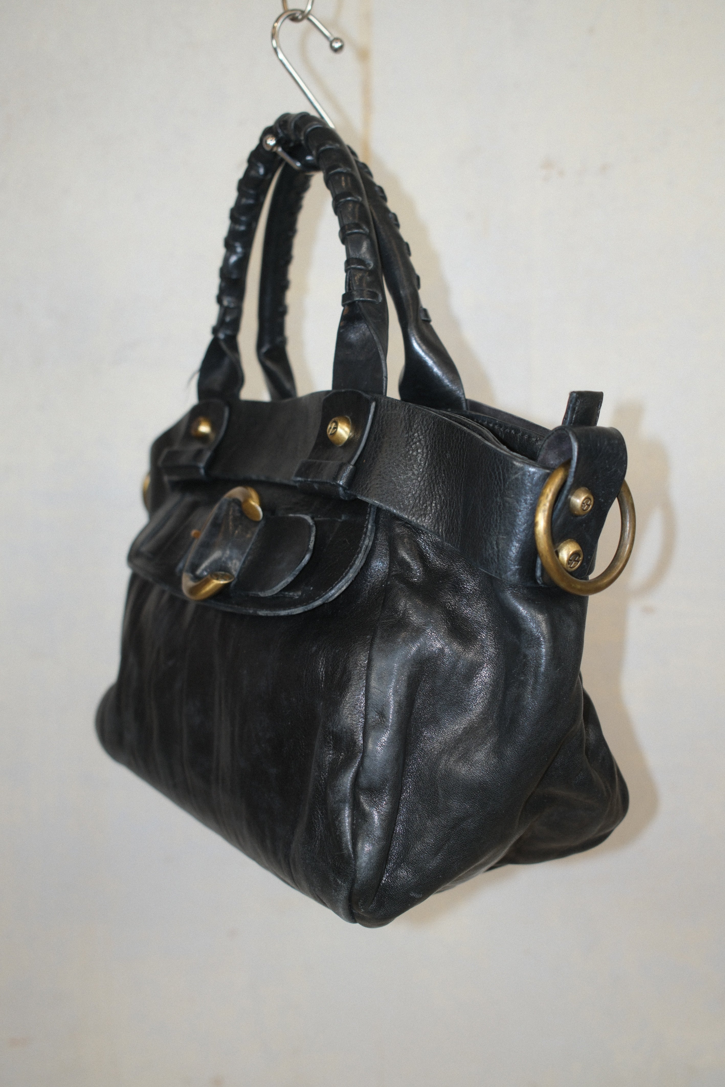 FRANCESCO BIASIA CLASSIC BLACK LEATHER BAG WITH WOVEN LEATHER STRAPS