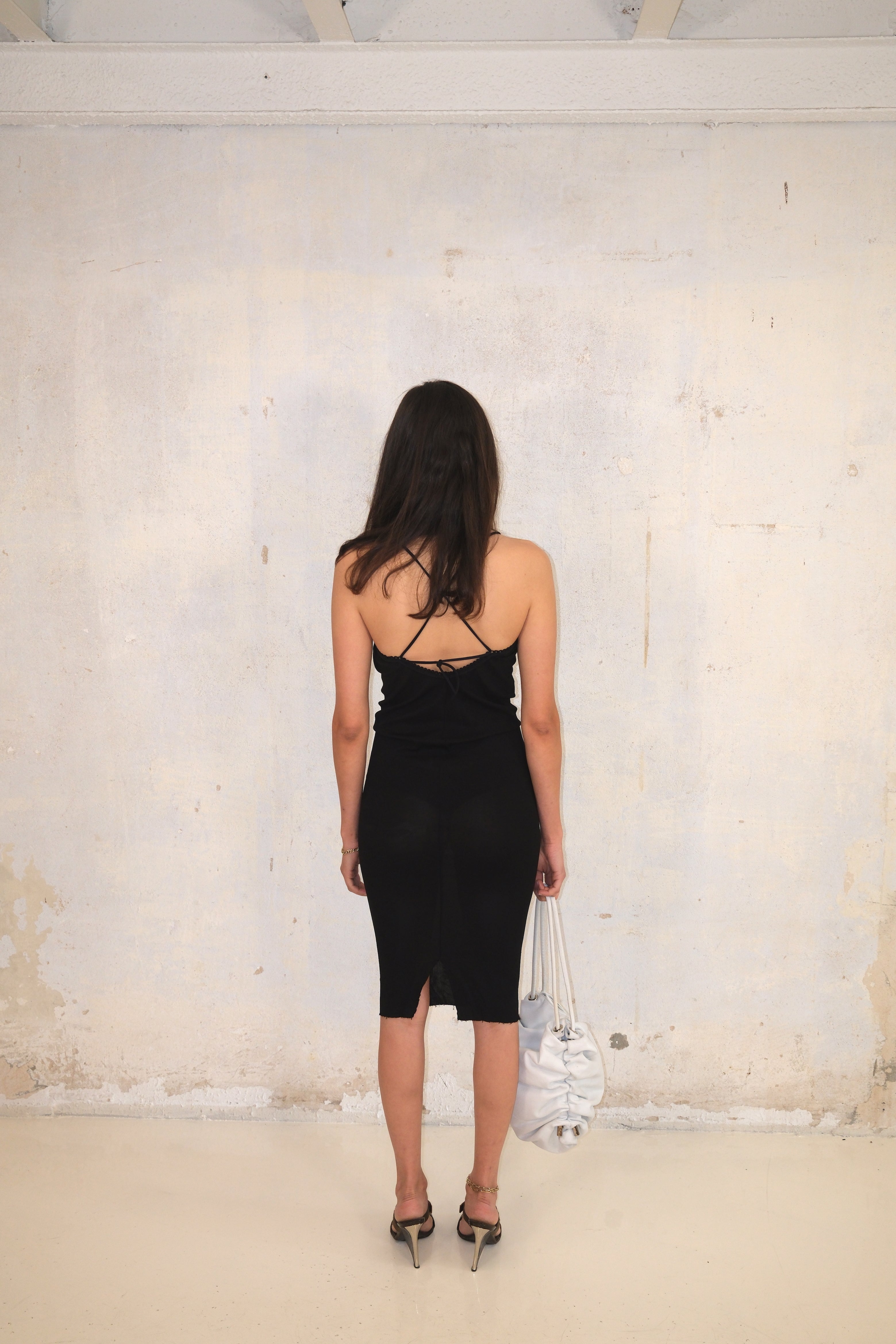 Black Mini Dress With V-Neck And Silver Metal Detail
