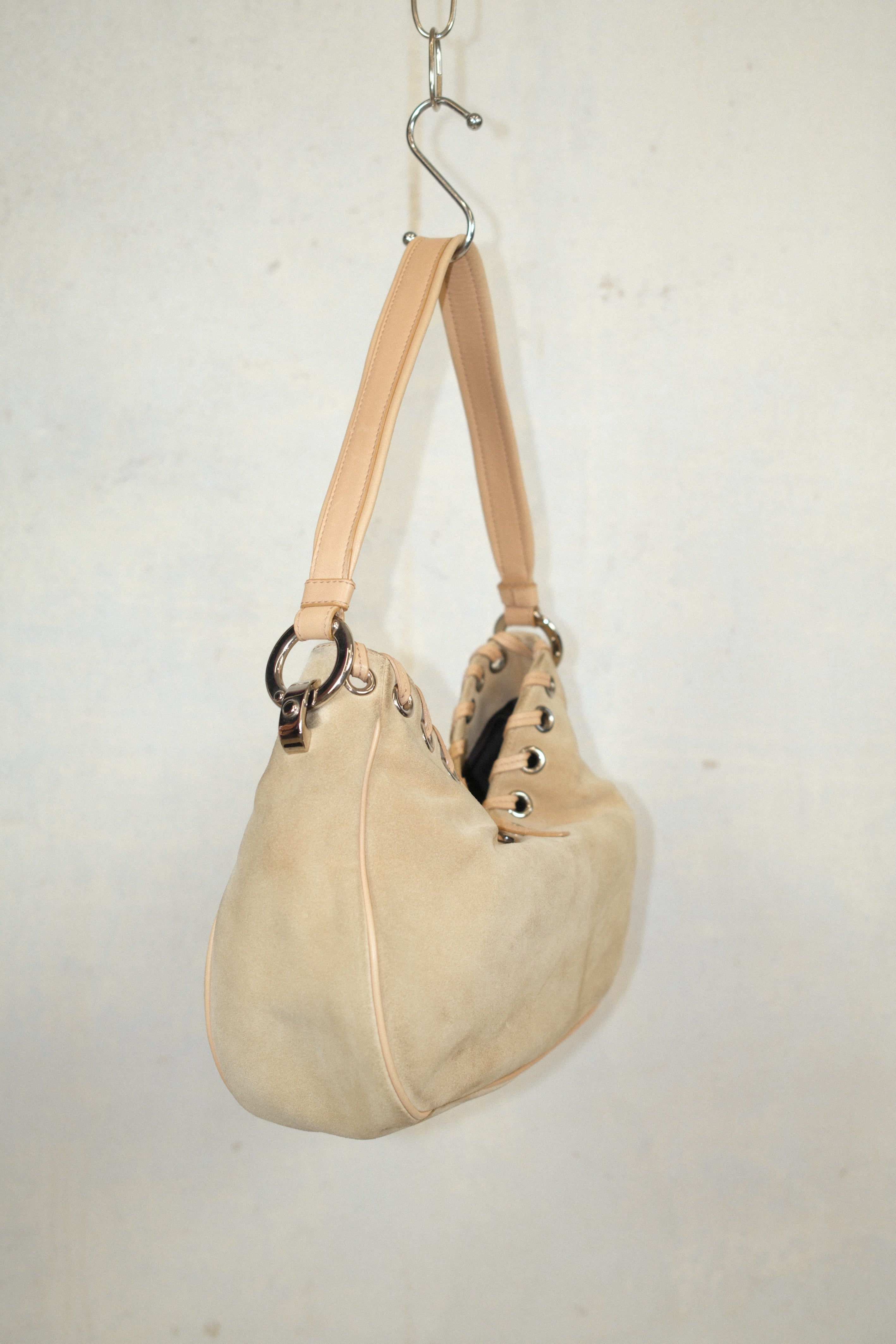 SERGIO ROSSI LEATHER AND SUEDE BAG WITH WOVEN LEATHER AND METAL CLASP