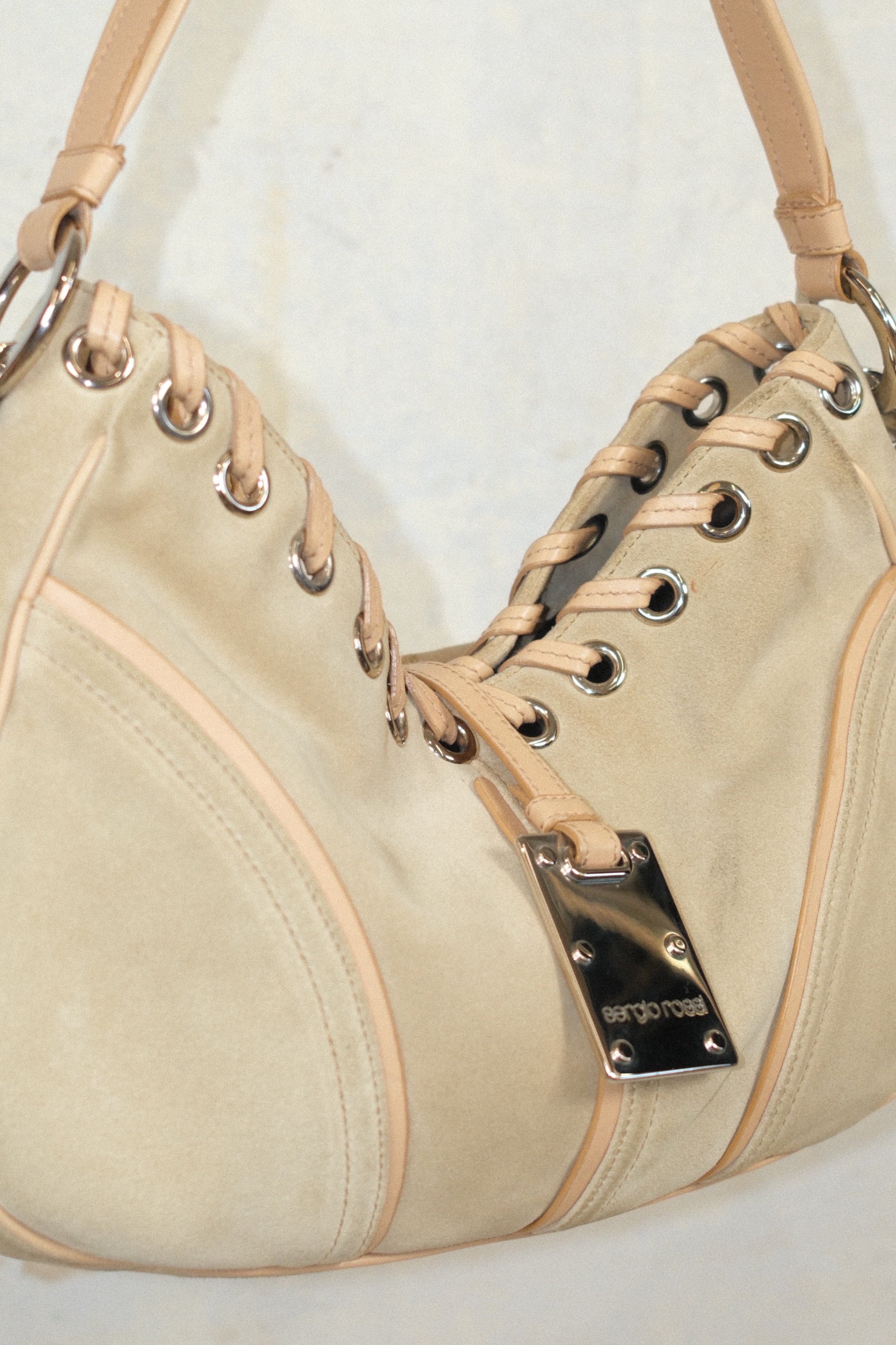 SERGIO ROSSI LEATHER AND SUEDE BAG WITH WOVEN LEATHER AND METAL CLASP