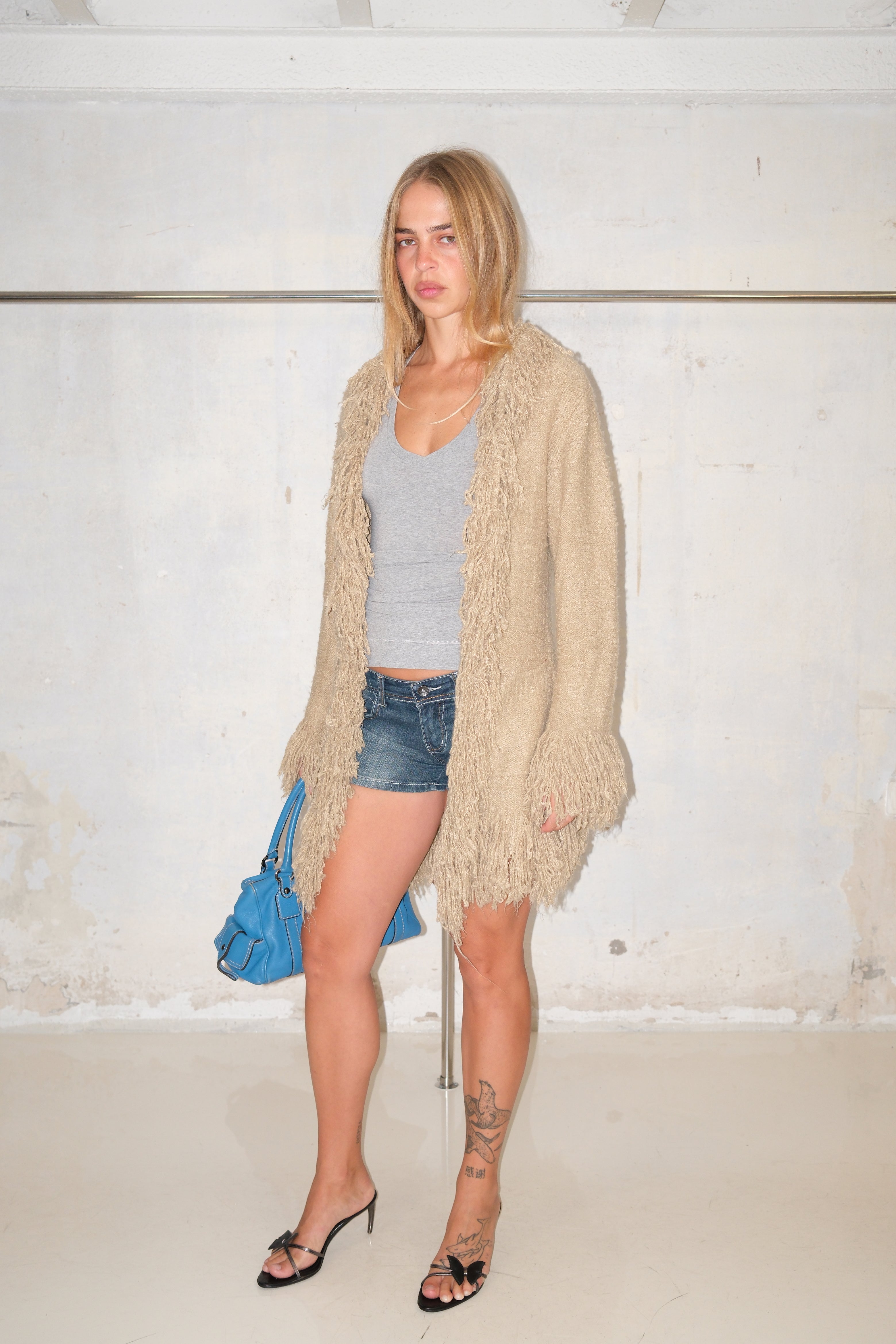 Beige Long Fuzzy Fringe Cardigan