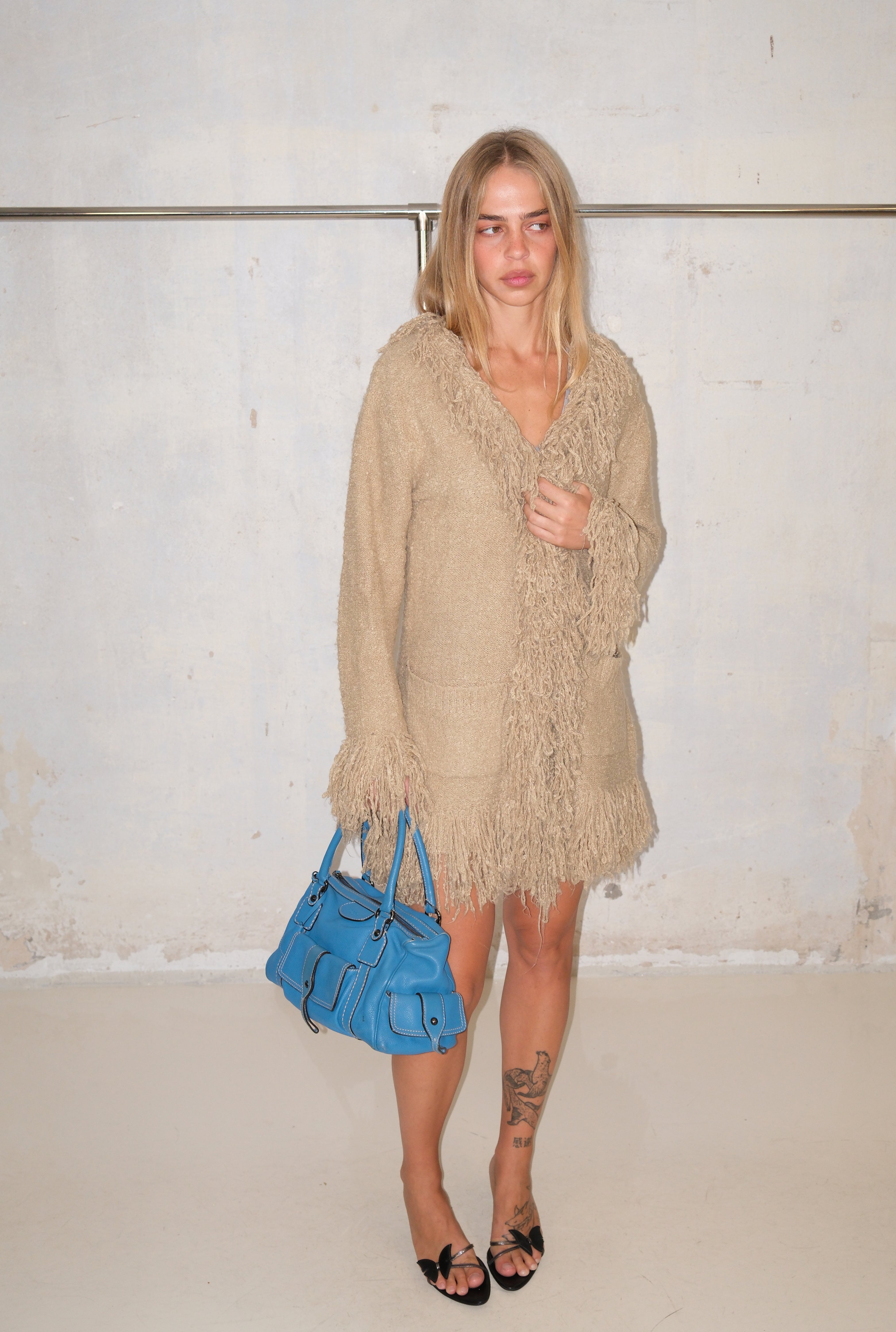 Beige Long Fuzzy Fringe Cardigan