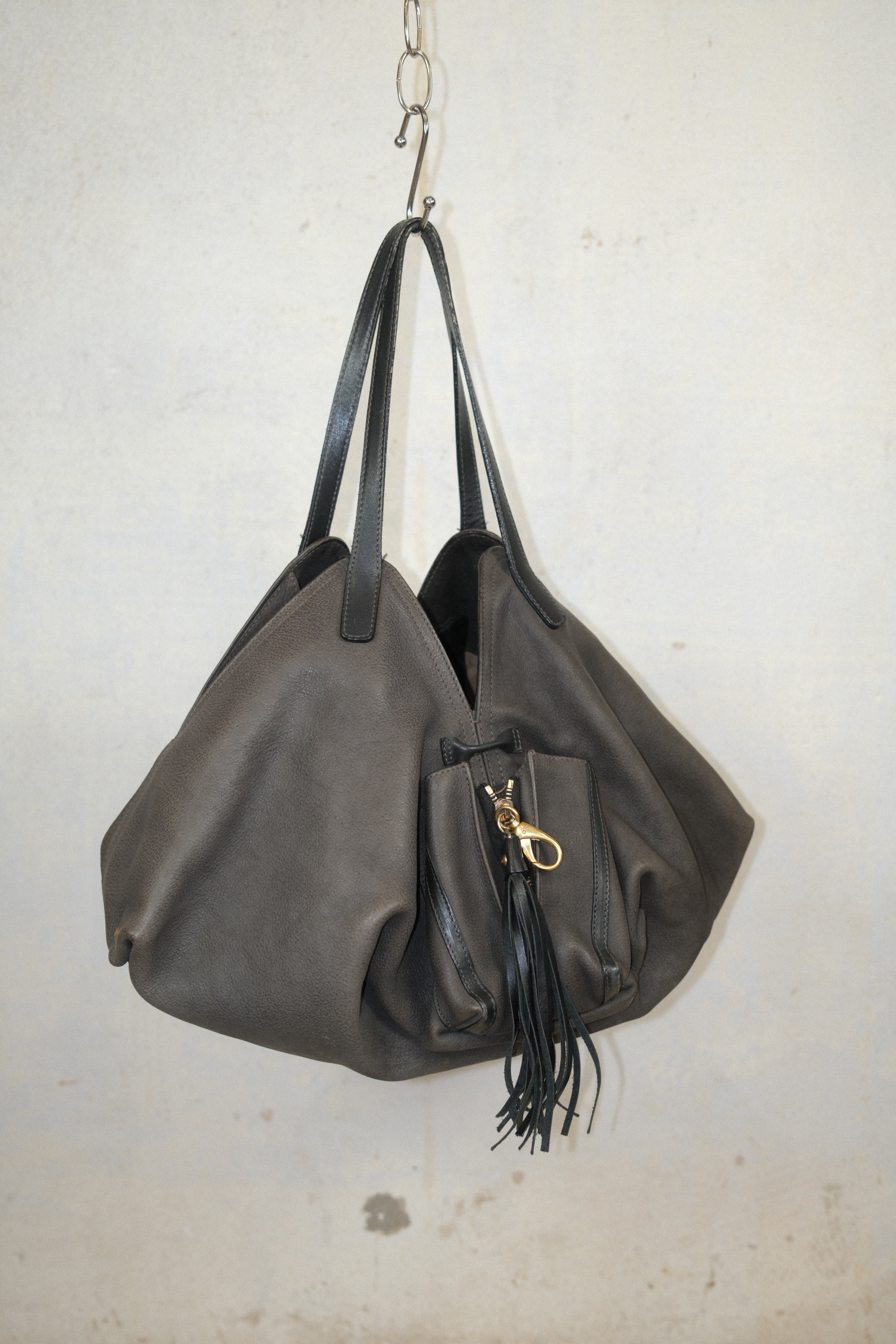 FURLA FADED GREEN-GRAY LEATHER BAG WITH FRINGE