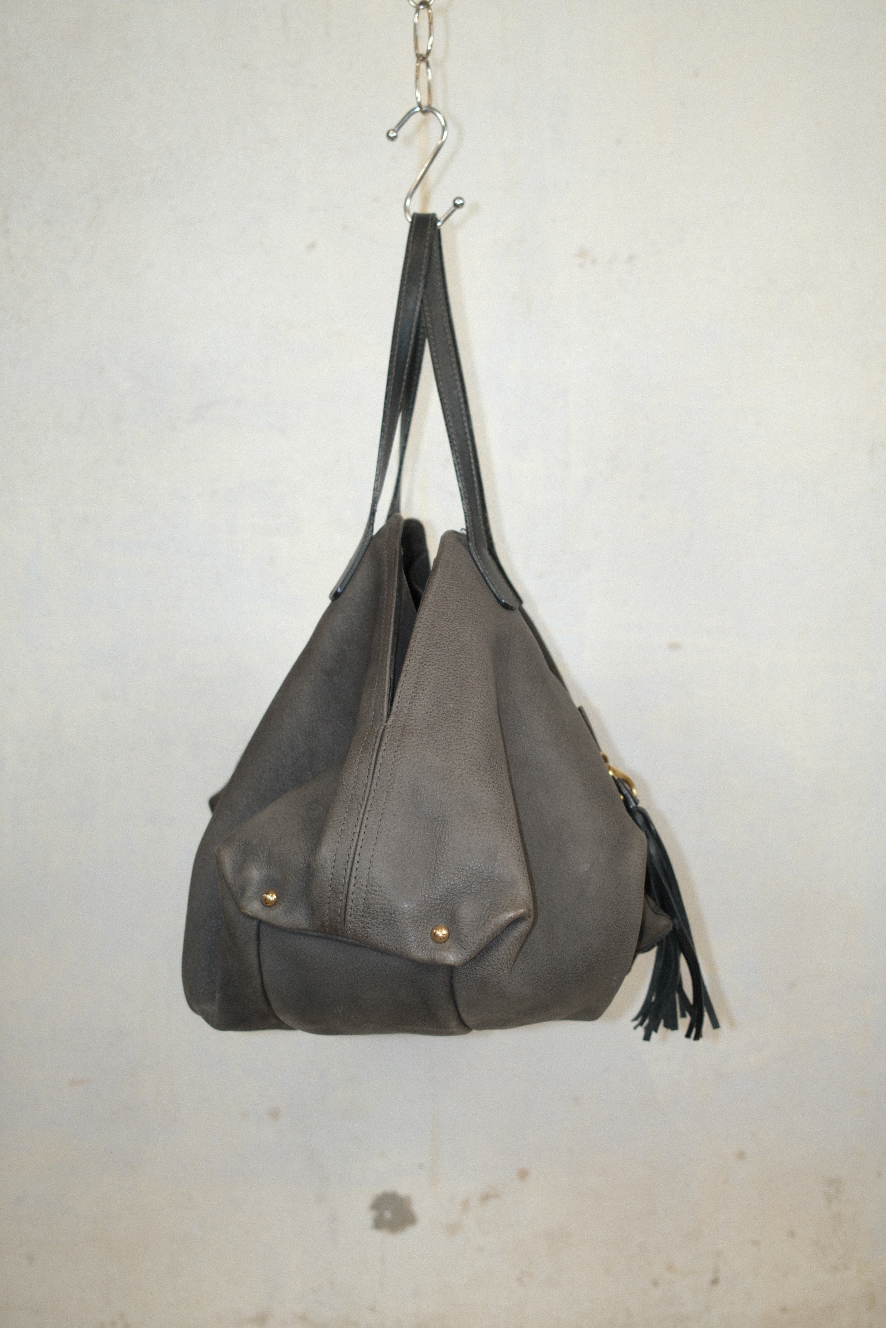 FURLA FADED GREEN-GRAY LEATHER BAG WITH FRINGE