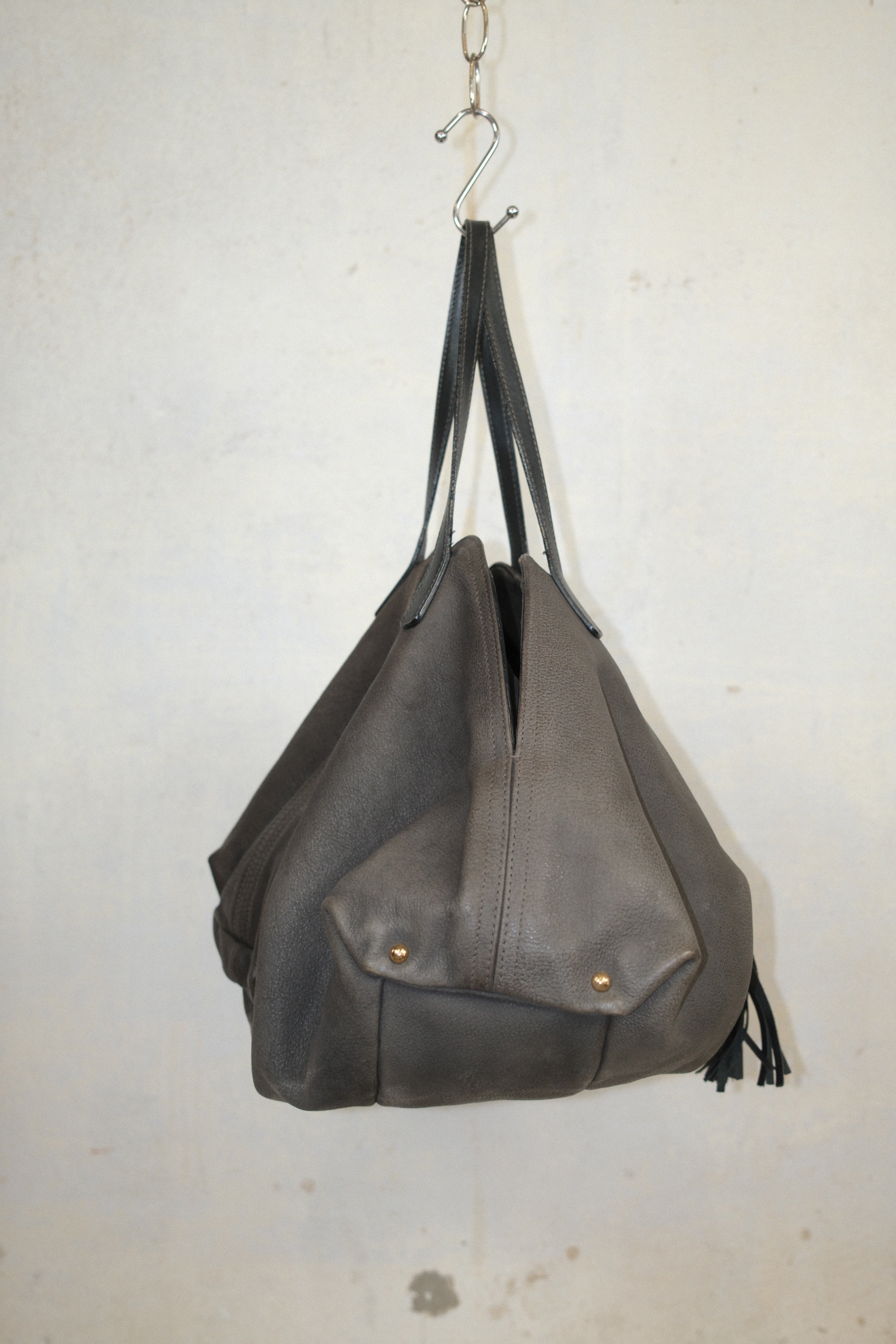 FURLA FADED GREEN-GRAY LEATHER BAG WITH FRINGE