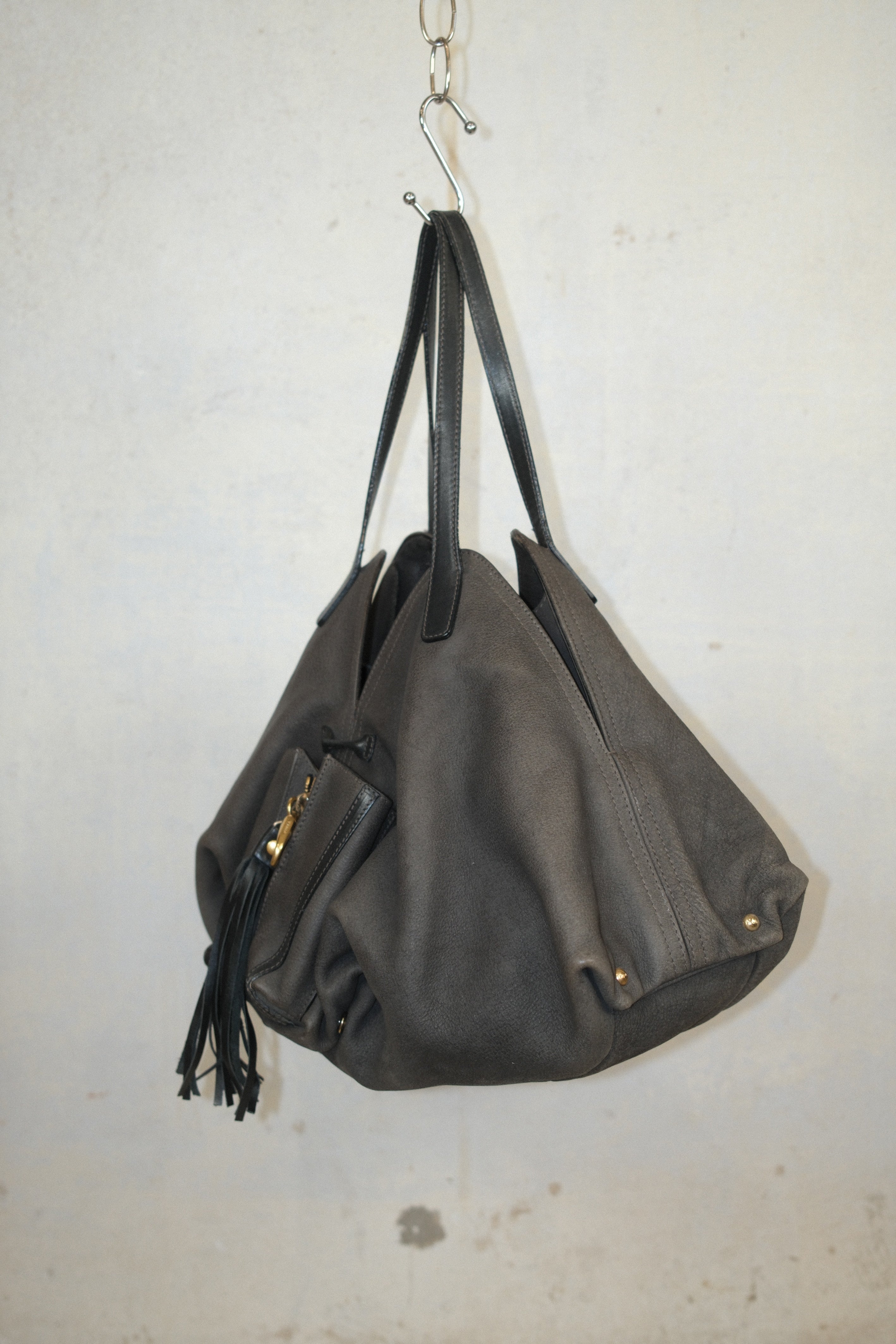 FURLA FADED GREEN-GRAY LEATHER BAG WITH FRINGE