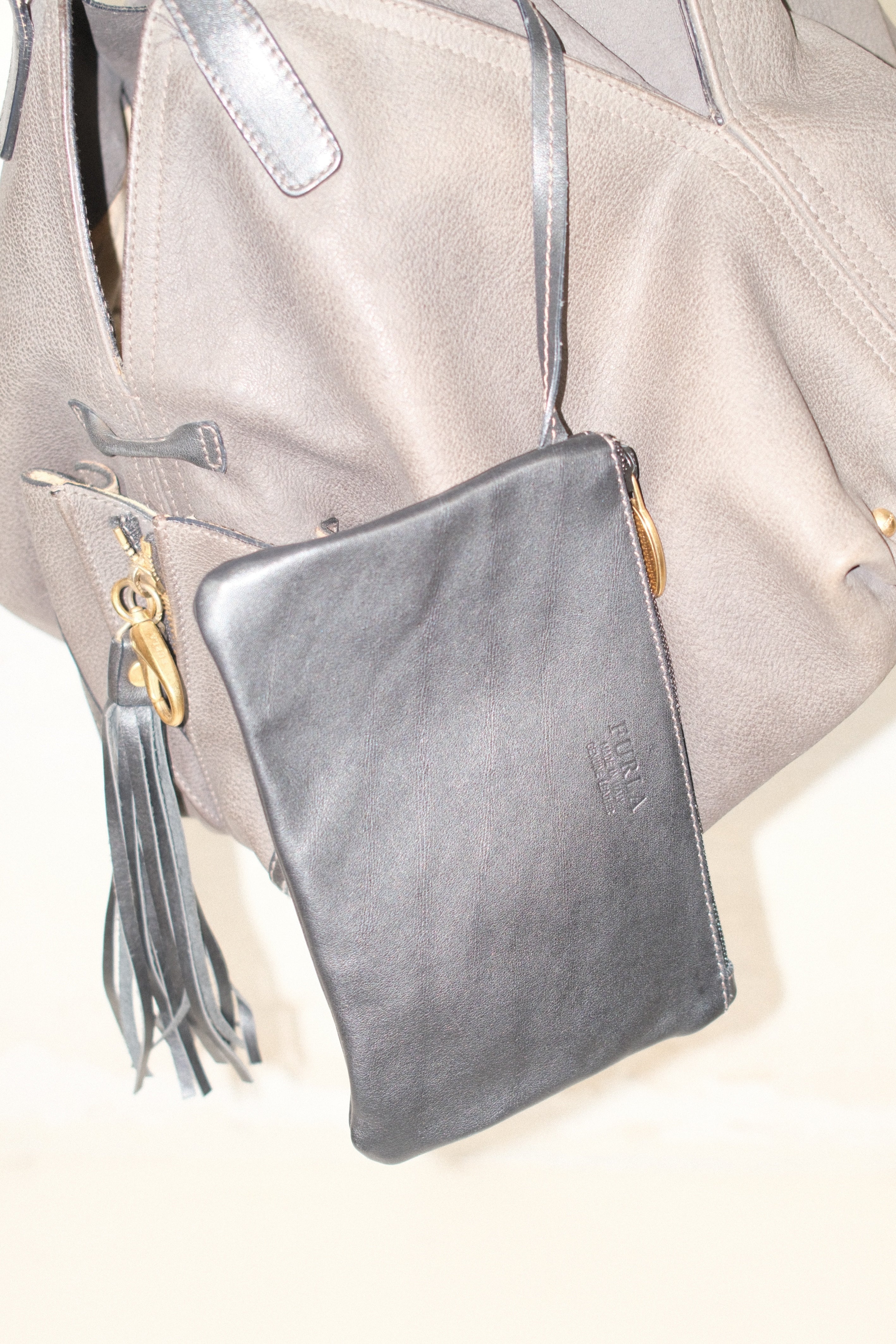 FURLA FADED GREEN-GRAY LEATHER BAG WITH FRINGE