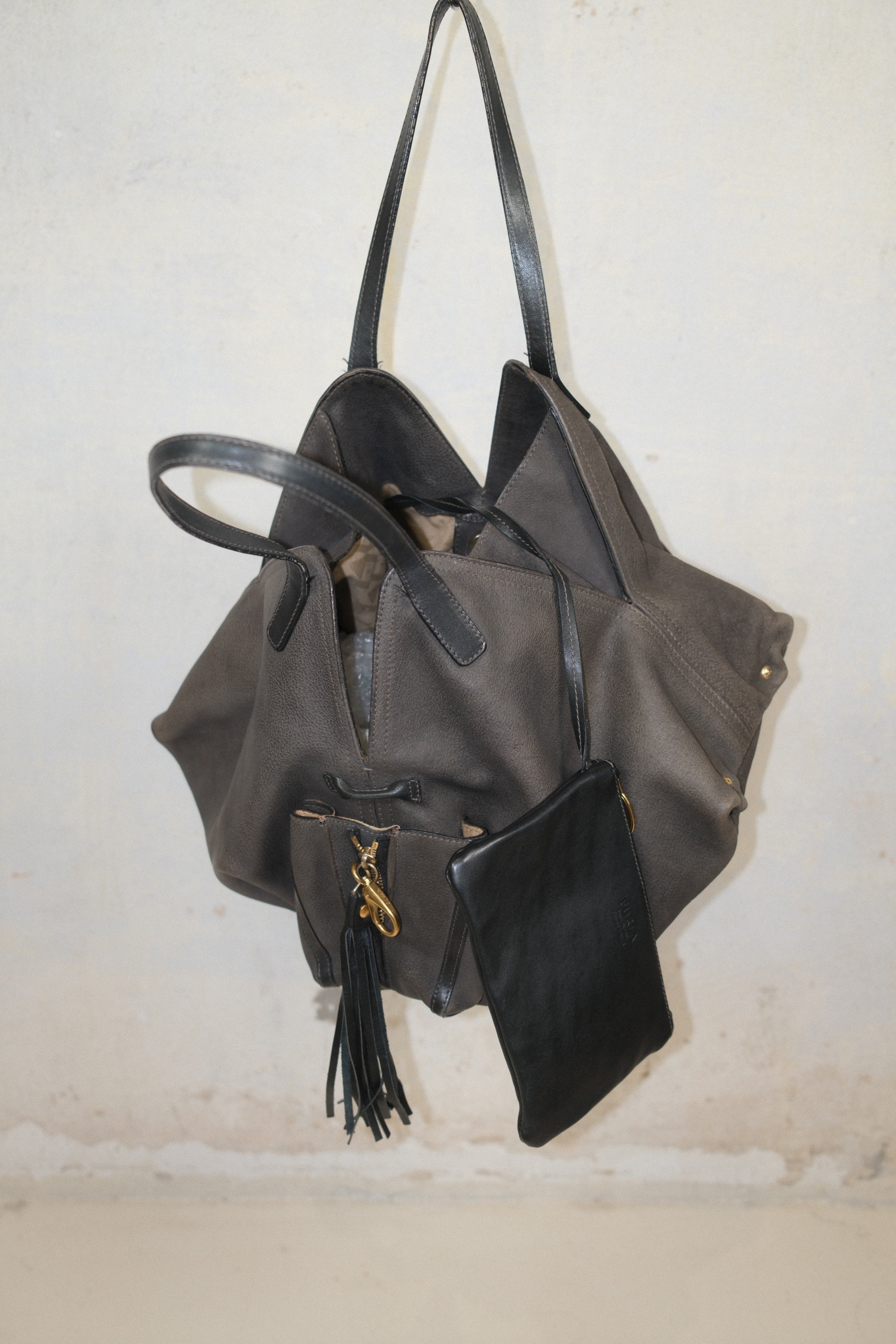 FURLA FADED GREEN-GRAY LEATHER BAG WITH FRINGE