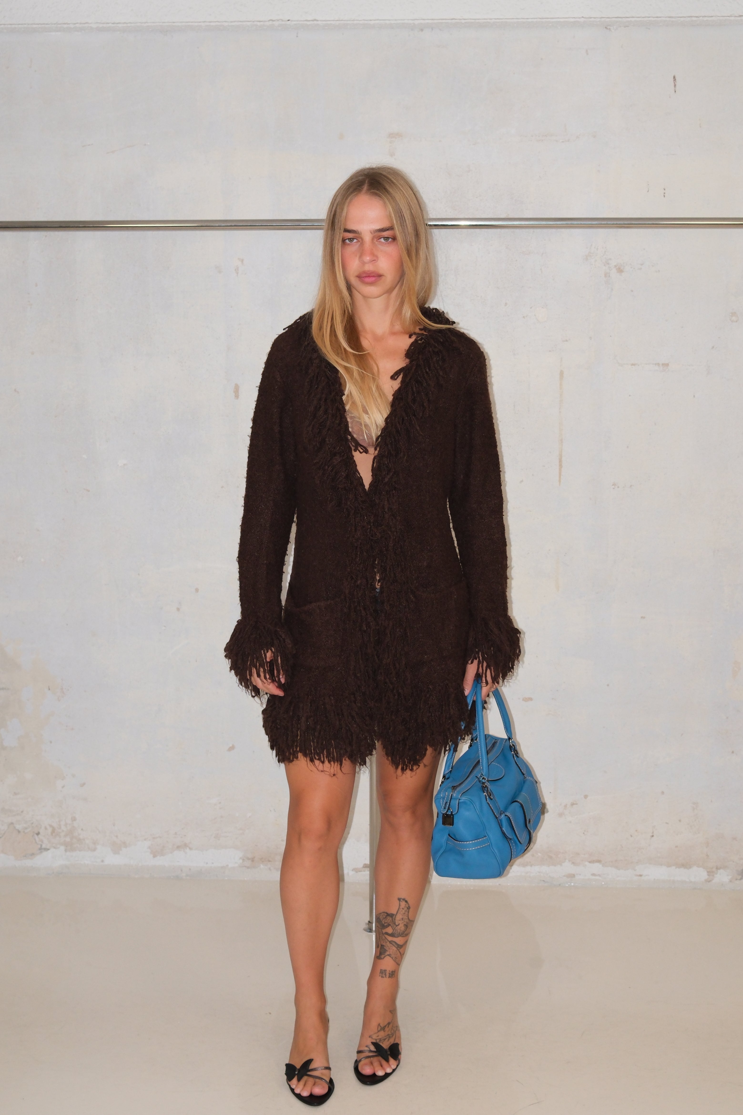 Dark Brown Long Fuzzy Fringe Cardigan