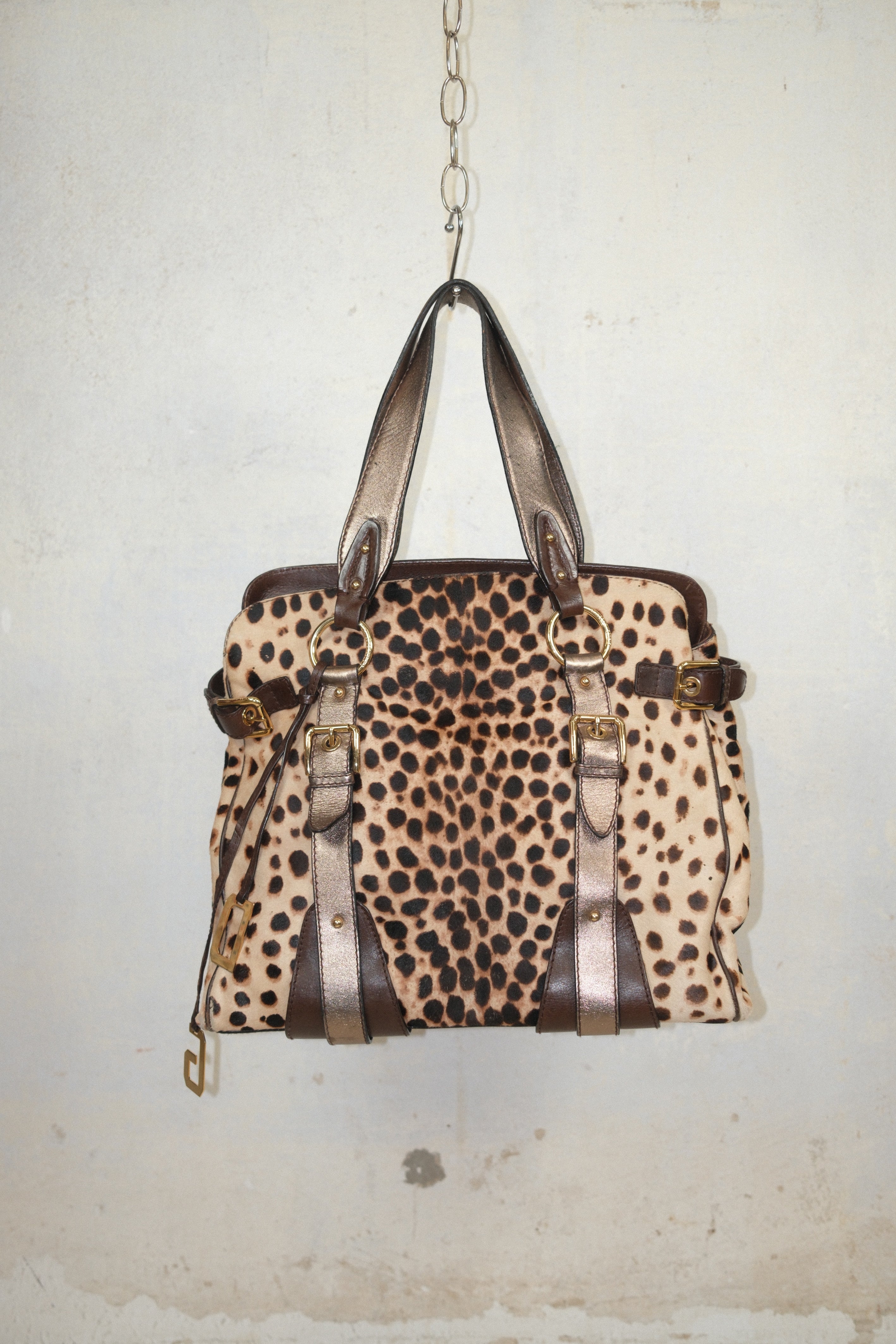 DOLCE & GABBANA XL LEOPARD PONY HAIR LEATHER BAG WITH GOLD HARDWARE