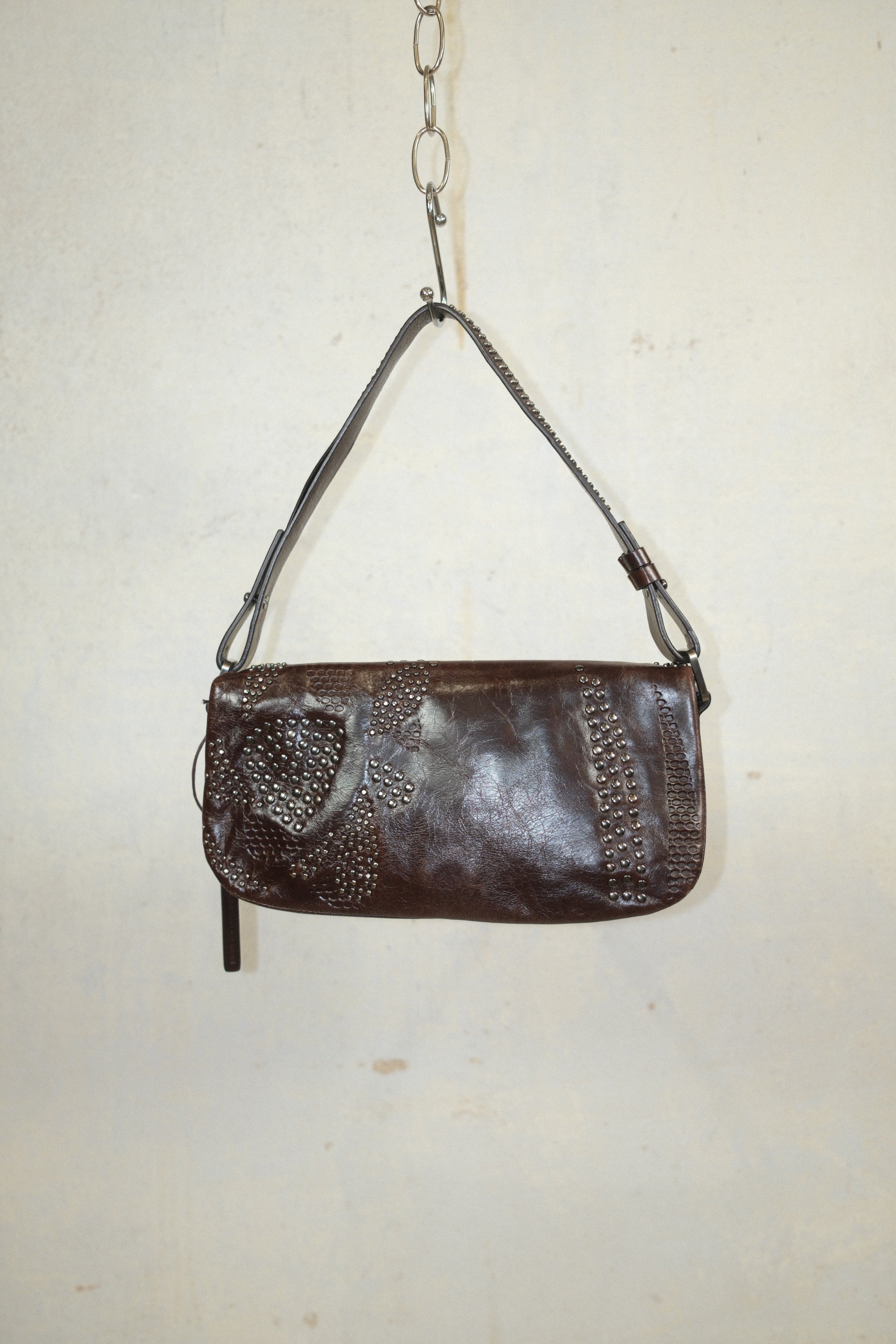 FRANCESCO BIASIA SMALL BROWN LEATHER BAG WITH FLORAL STUD DETAILS