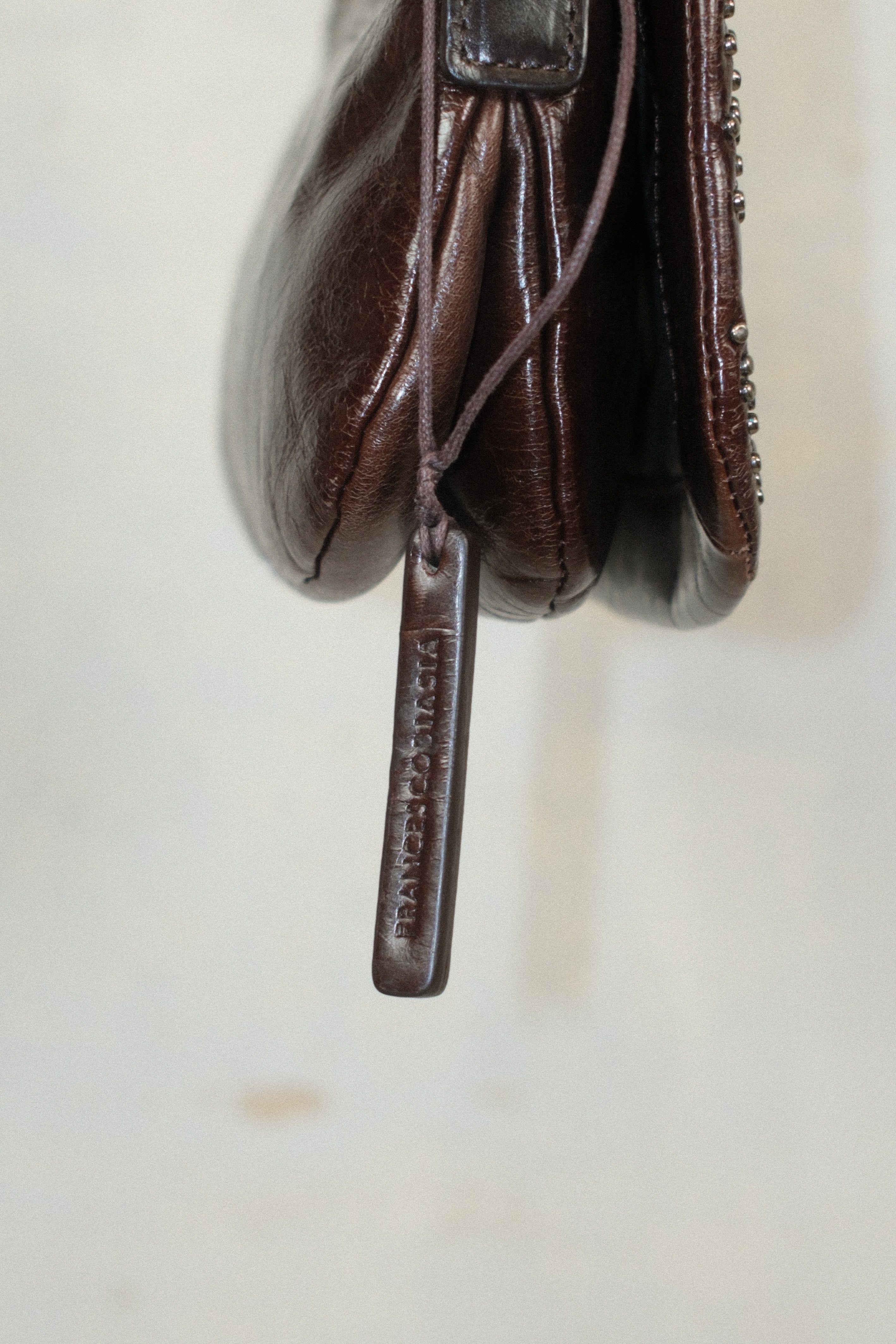 FRANCESCO BIASIA SMALL BROWN LEATHER BAG WITH FLORAL STUD DETAILS