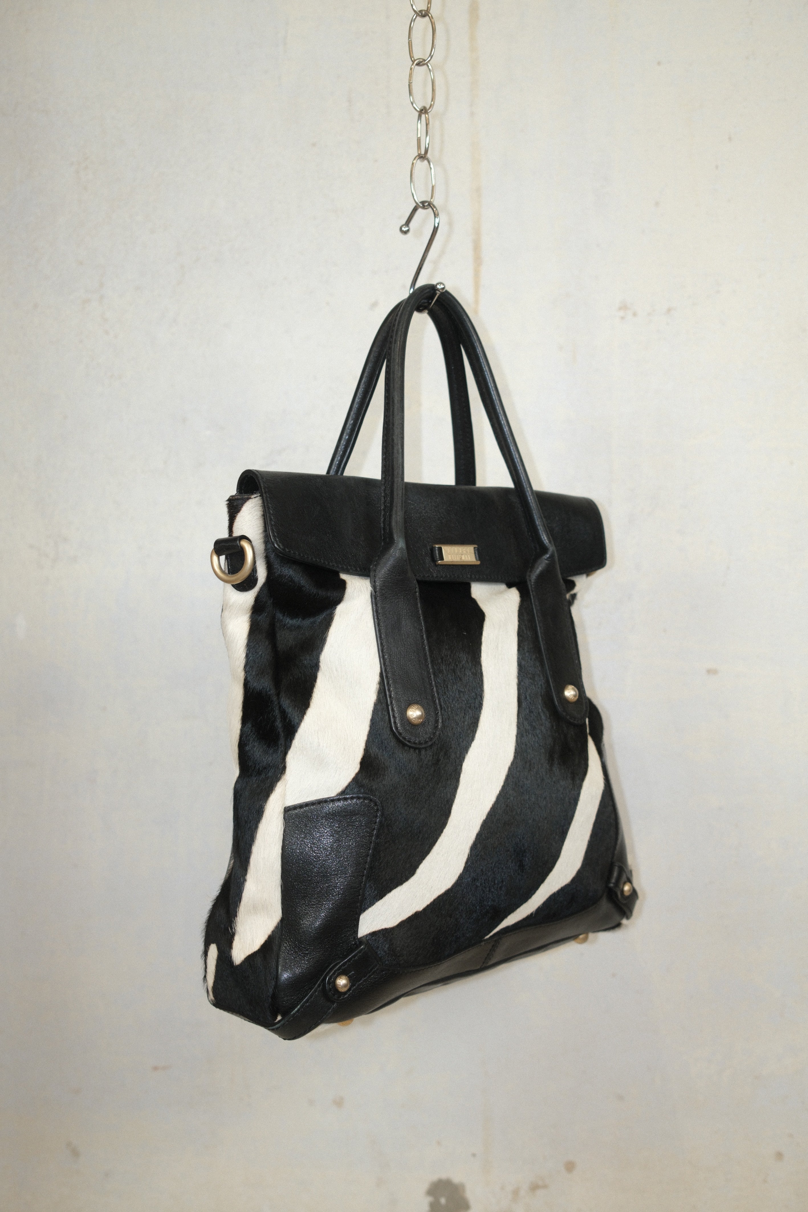 STEWART WEITZMAN ZEBRA PRINT HAIRY PONY LEATHER HANDBAG