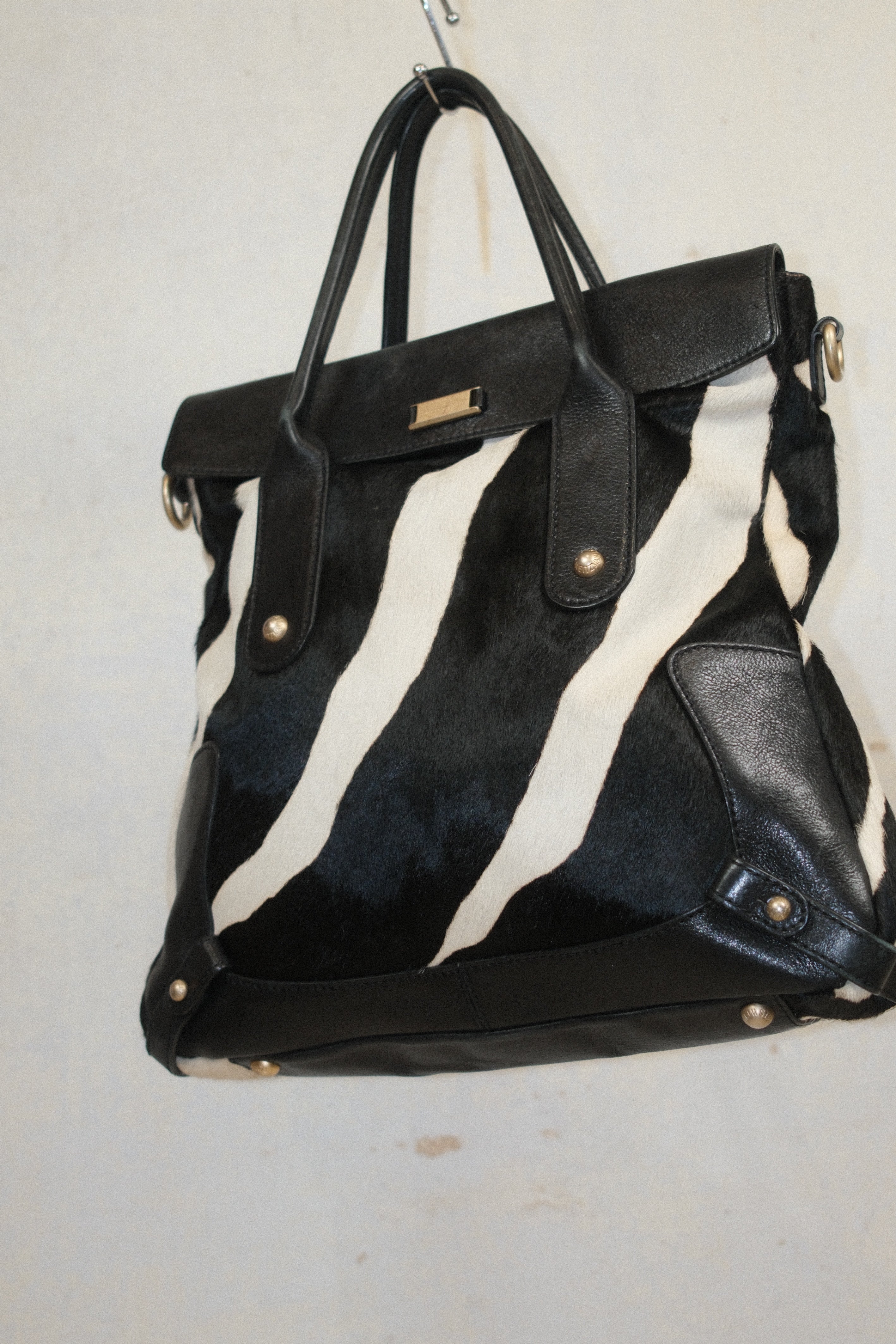 STEWART WEITZMAN ZEBRA PRINT HAIRY PONY LEATHER HANDBAG