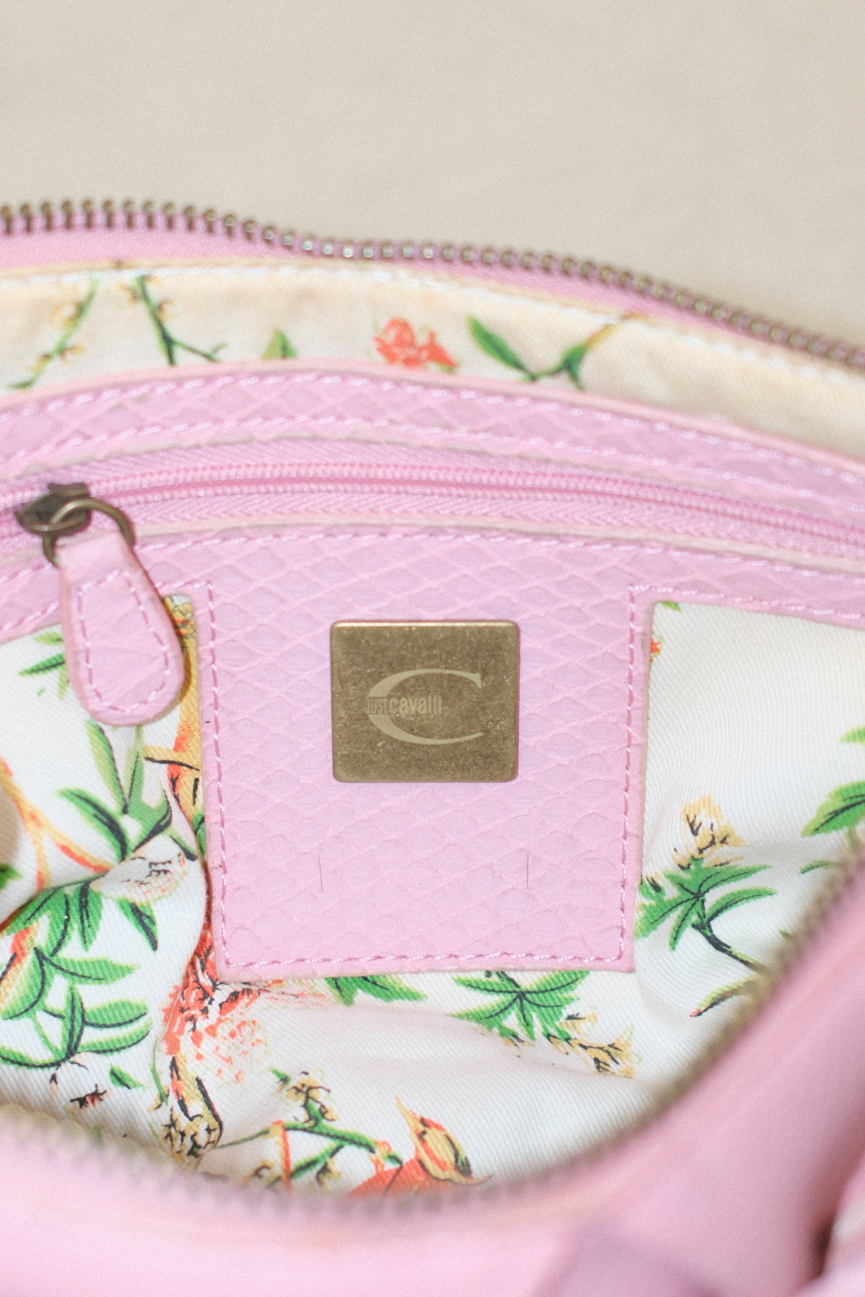 ROBERTO CAVALLI SMALL BABY PINK LEATHER BAG WITH SNAKE ZIPPER