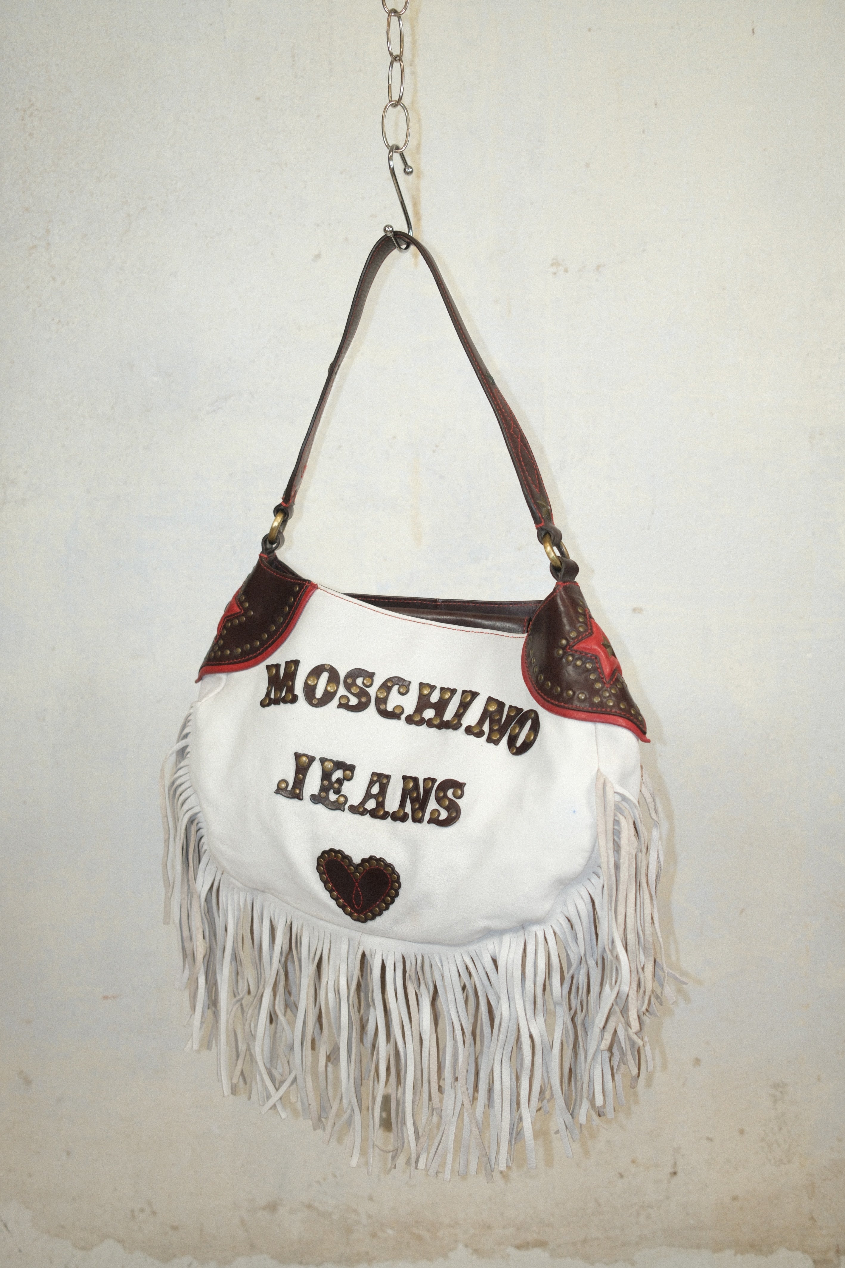 MOSCHINO WESTERN STYLE BAG IN WHITE LEATHER WITH FRINGE STUDS