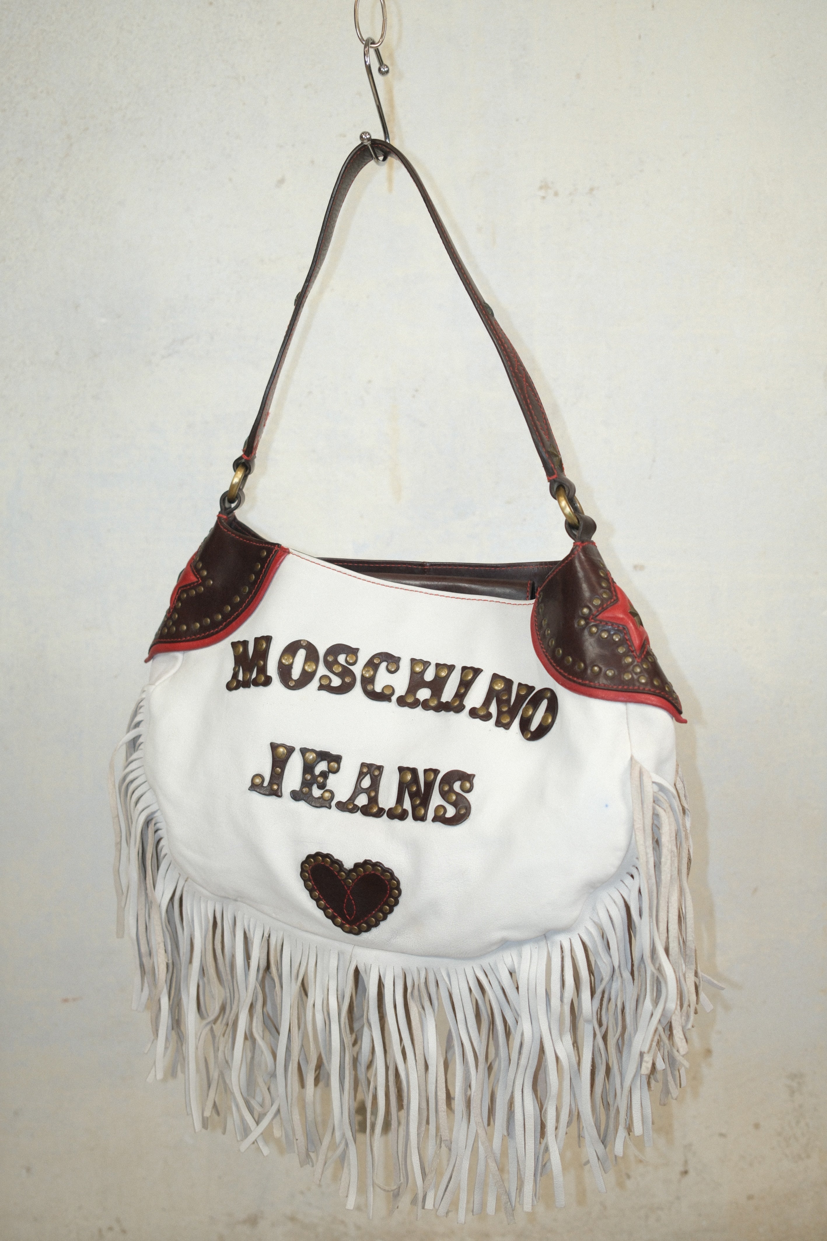 MOSCHINO WESTERN STYLE BAG IN WHITE LEATHER WITH FRINGE STUDS