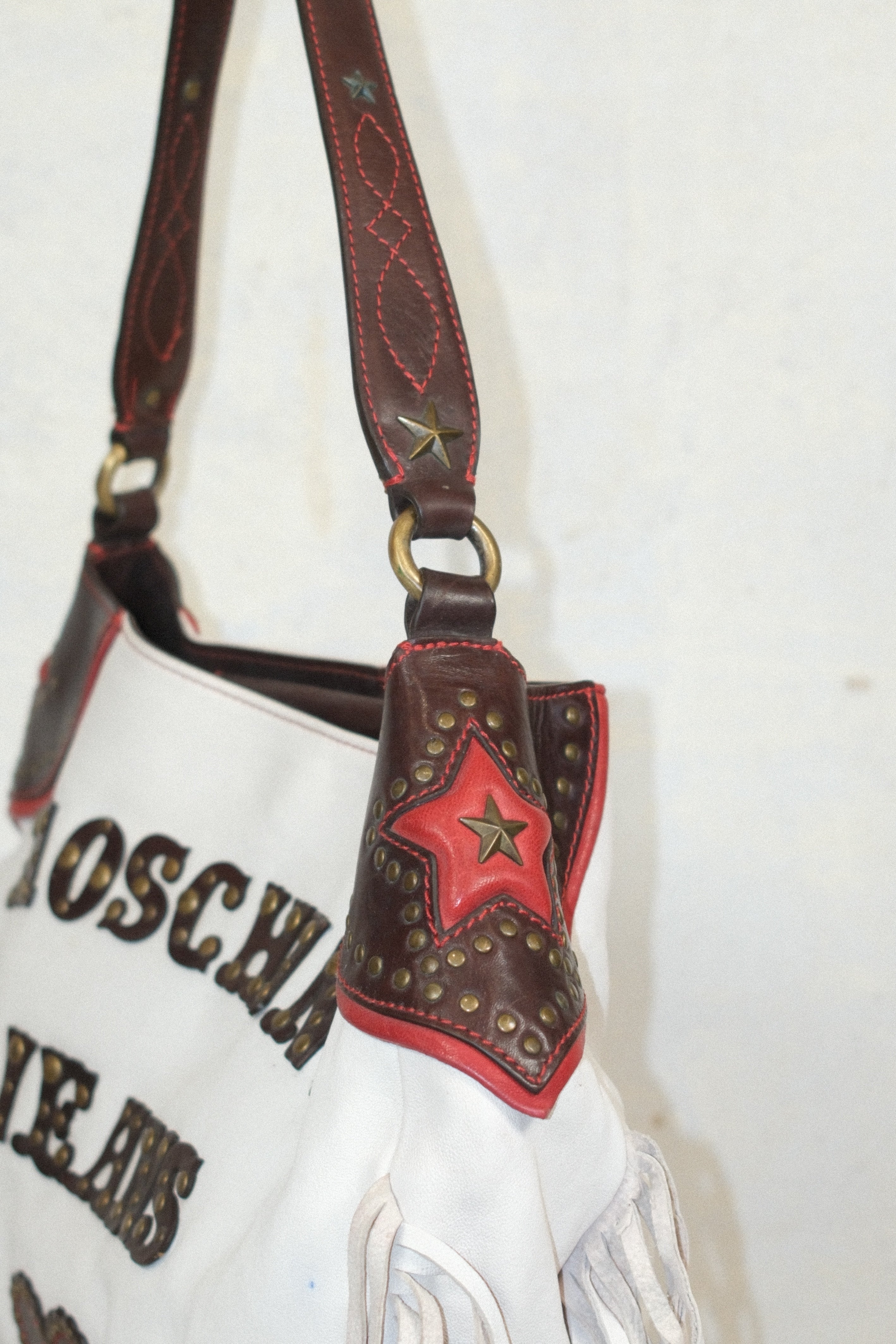 MOSCHINO WESTERN STYLE BAG IN WHITE LEATHER WITH FRINGE STUDS