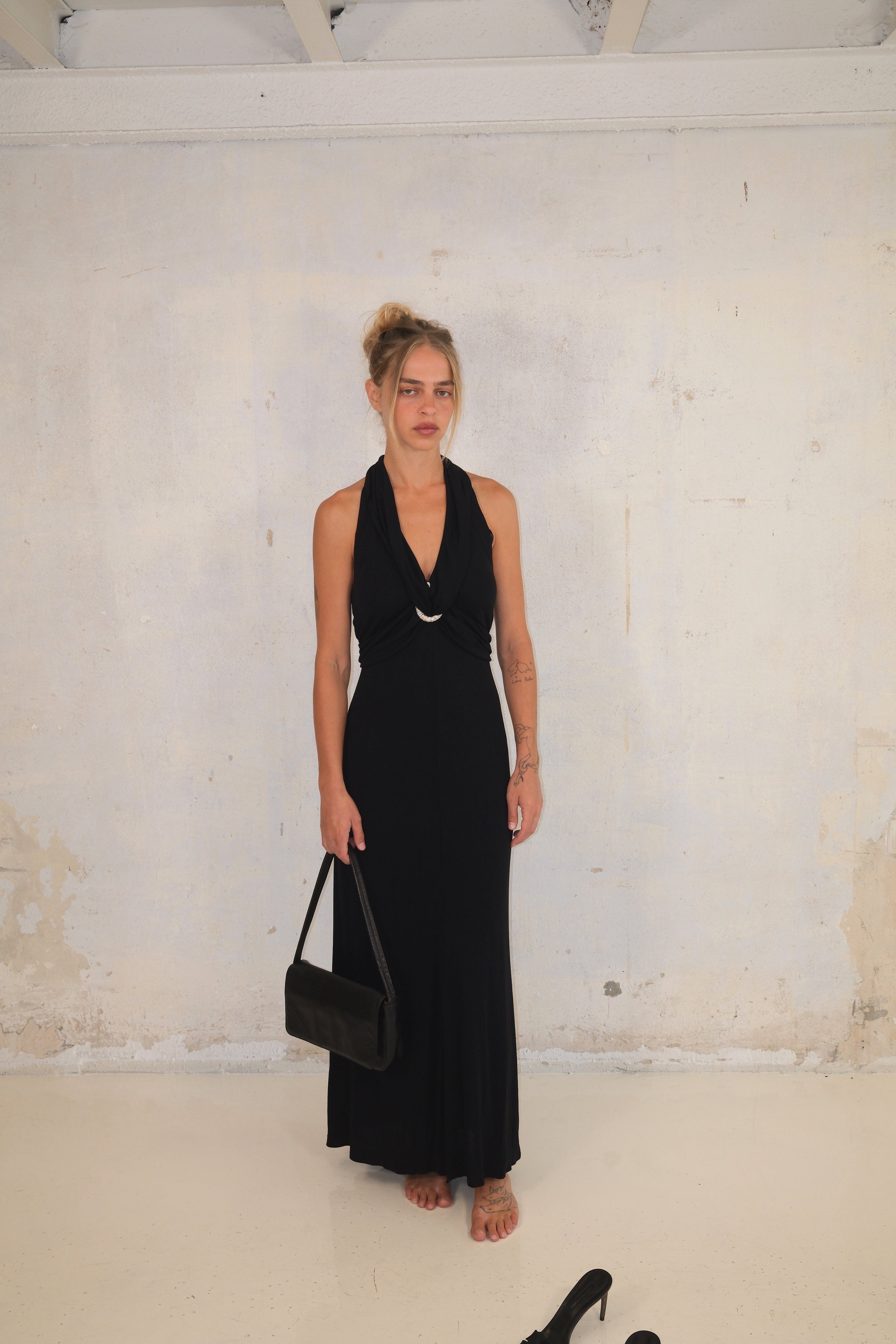 Black Maxi Dress With Deep Cut And Silver Detail