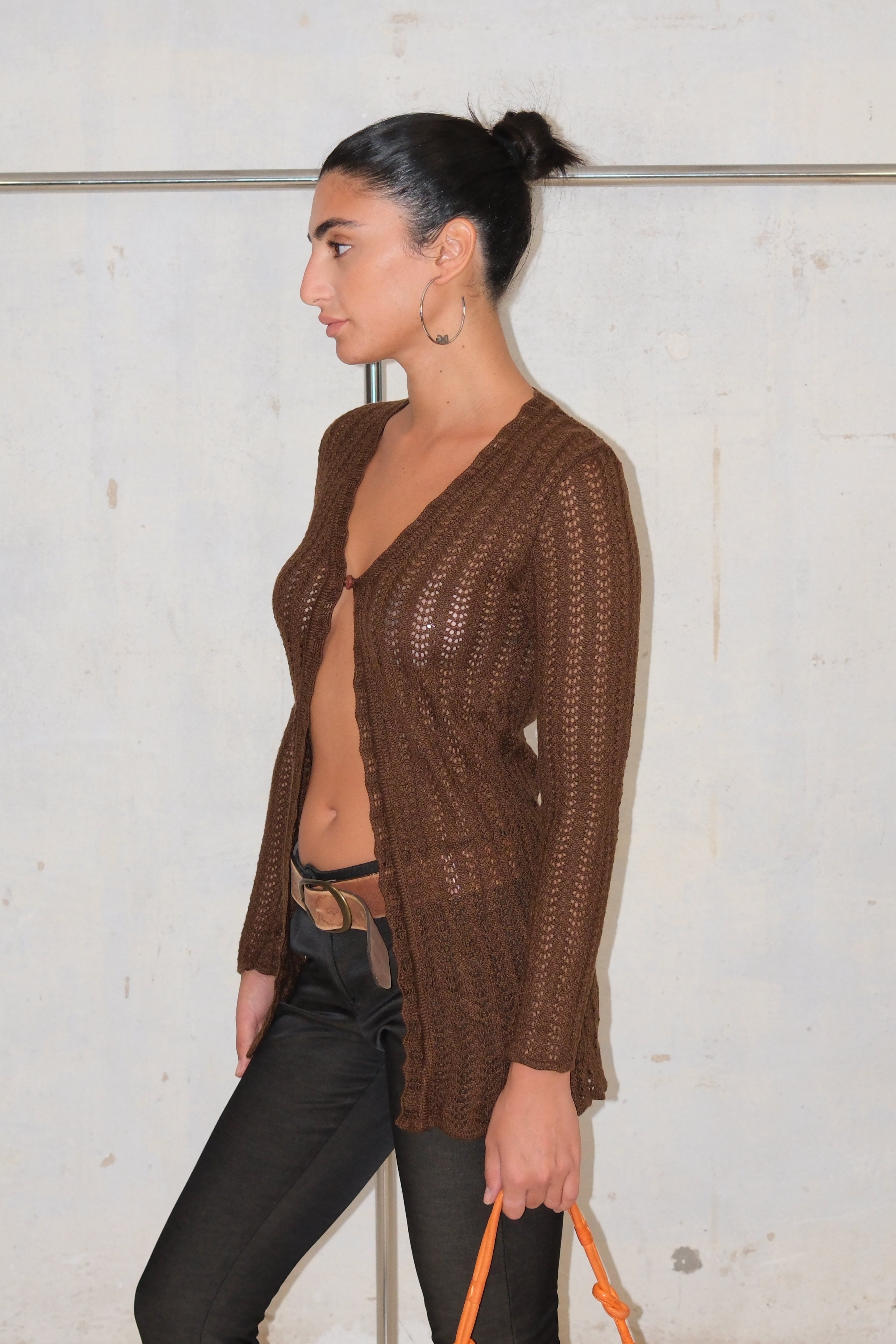 SHEER BROWN BUTTON UP CARDIGAN