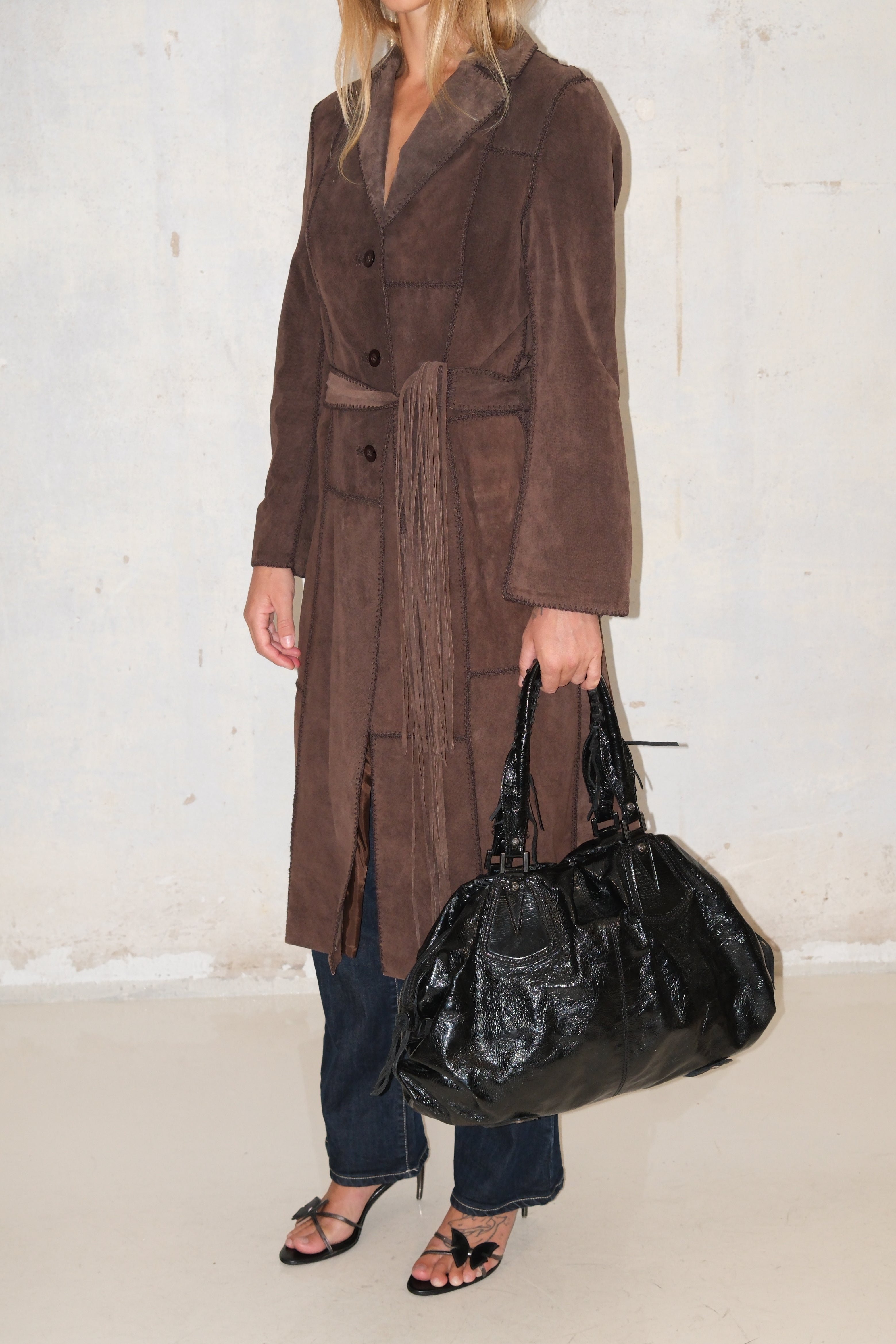 LONG LEATHER AND SUEDE COAT