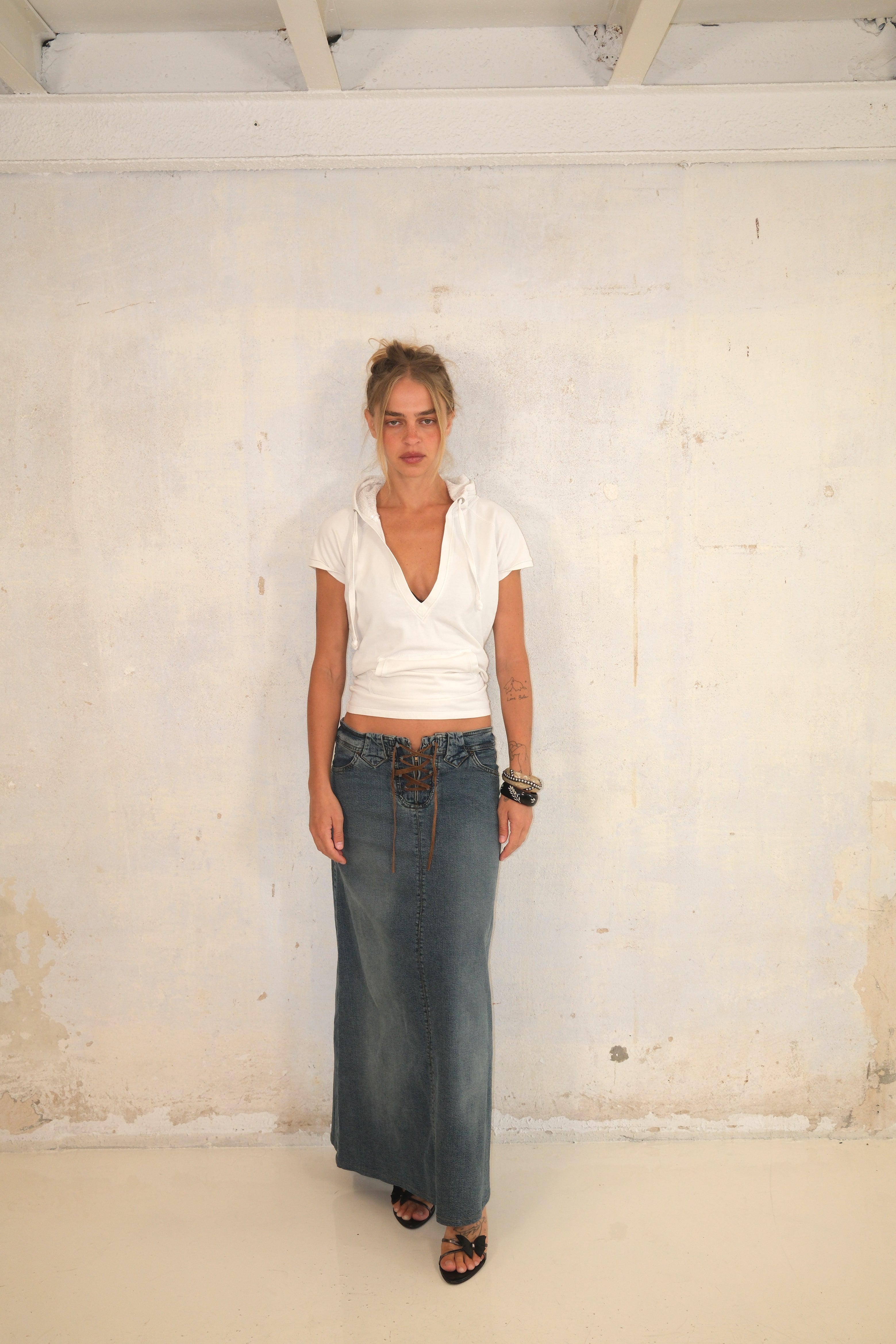 Low-Rise Maxi Denim Skirt With Tie Detail