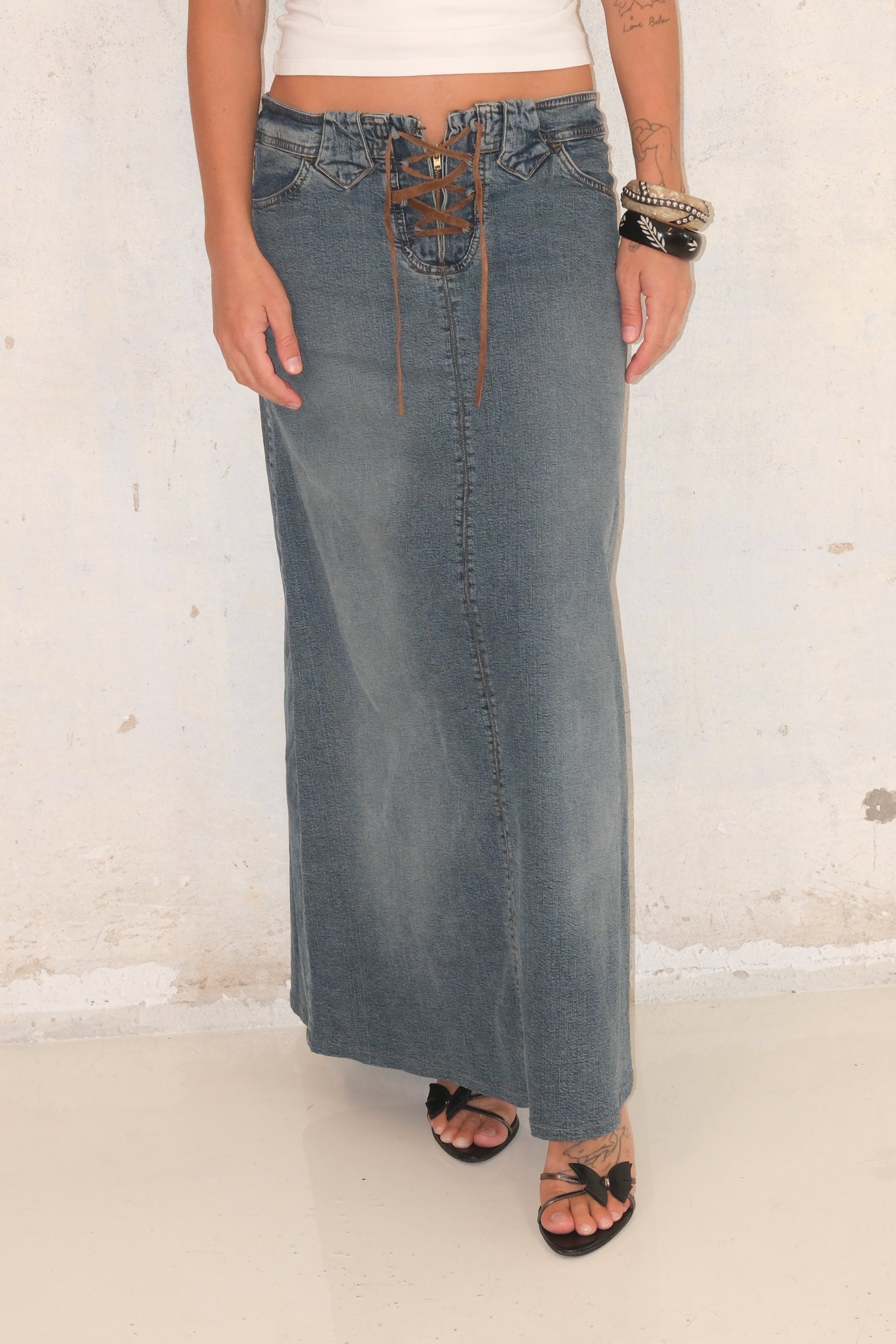 Low-Rise Maxi Denim Skirt With Tie Detail