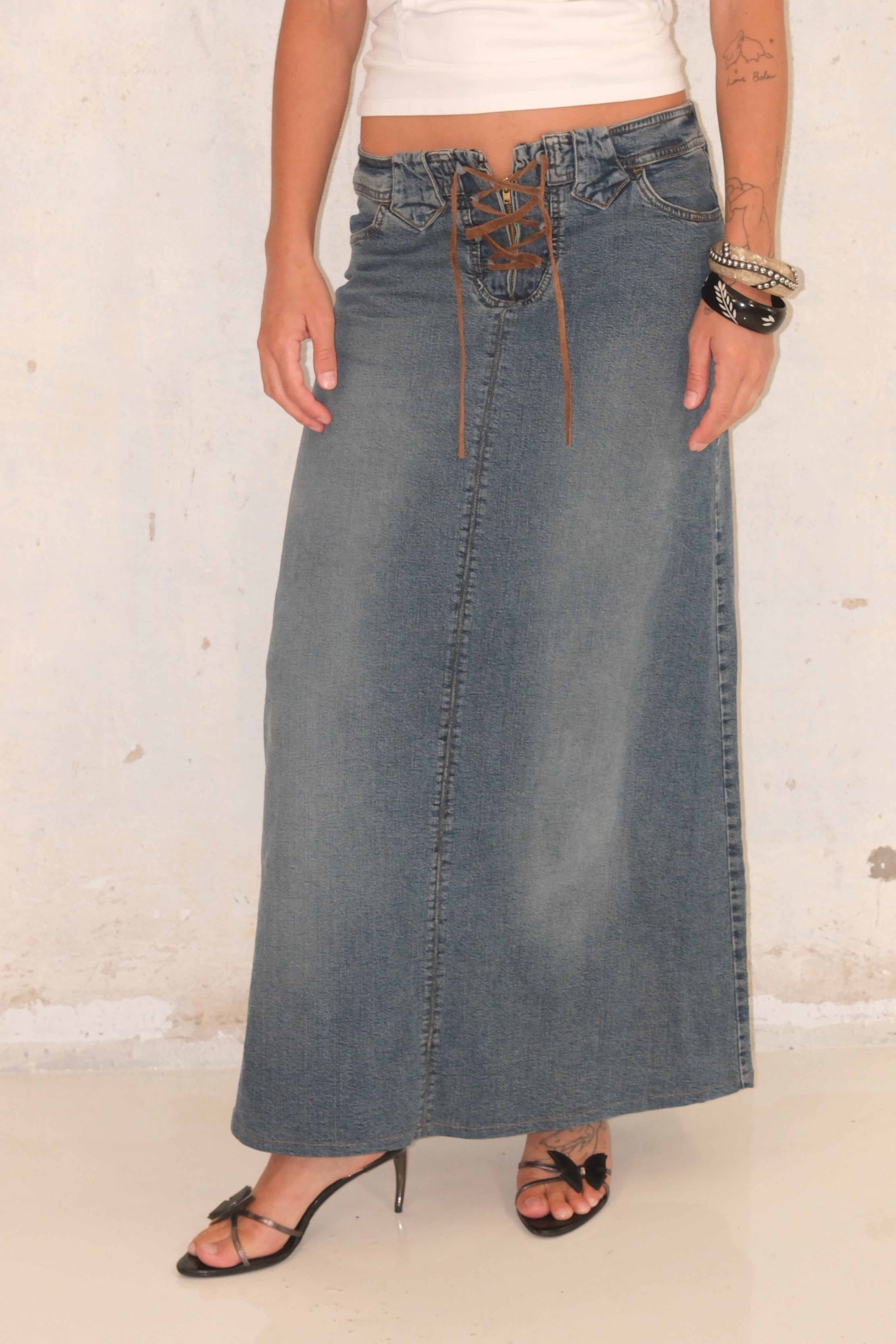 Low-Rise Maxi Denim Skirt With Tie Detail