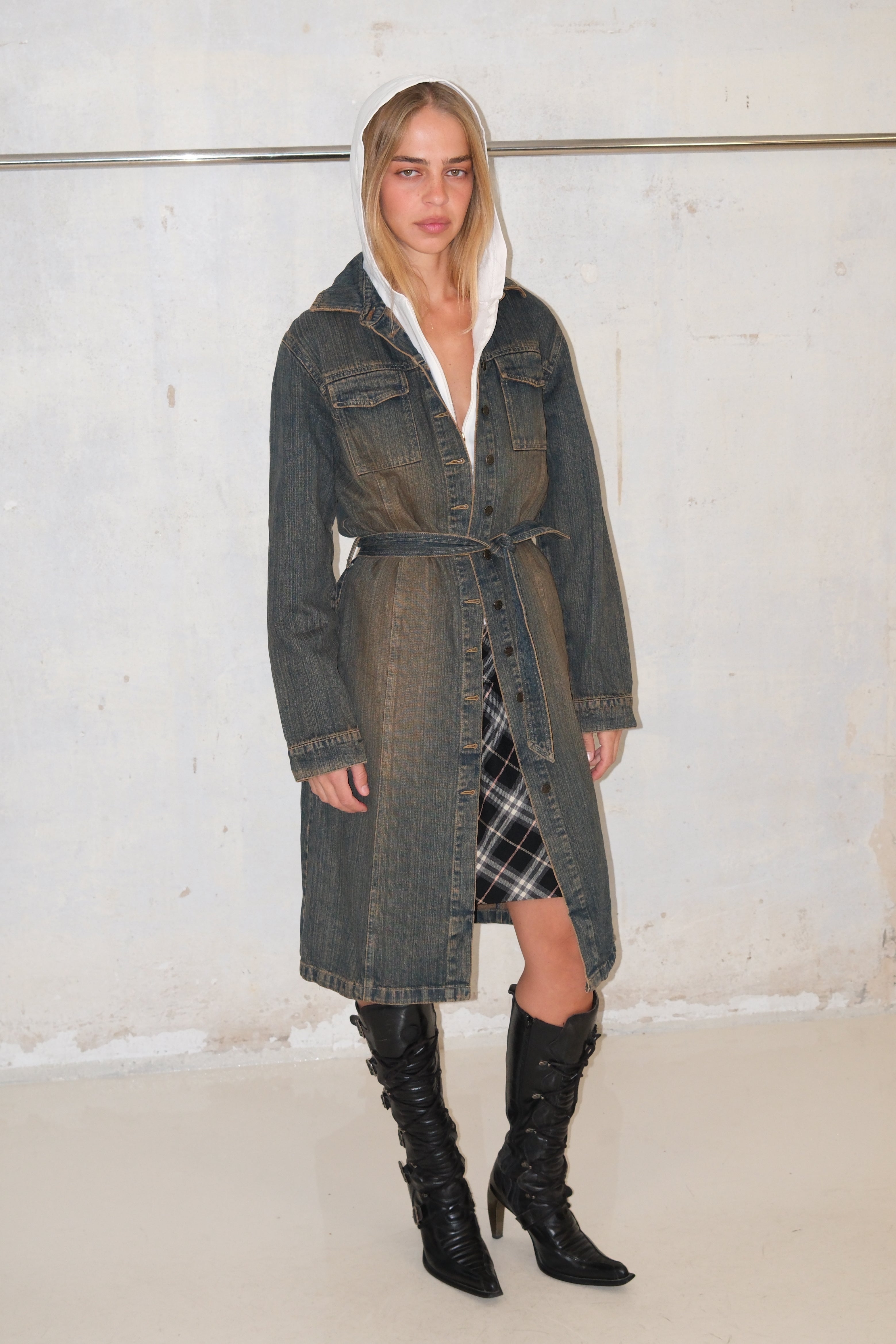 Long Distressed Denim Jacket With Buttons And Belt