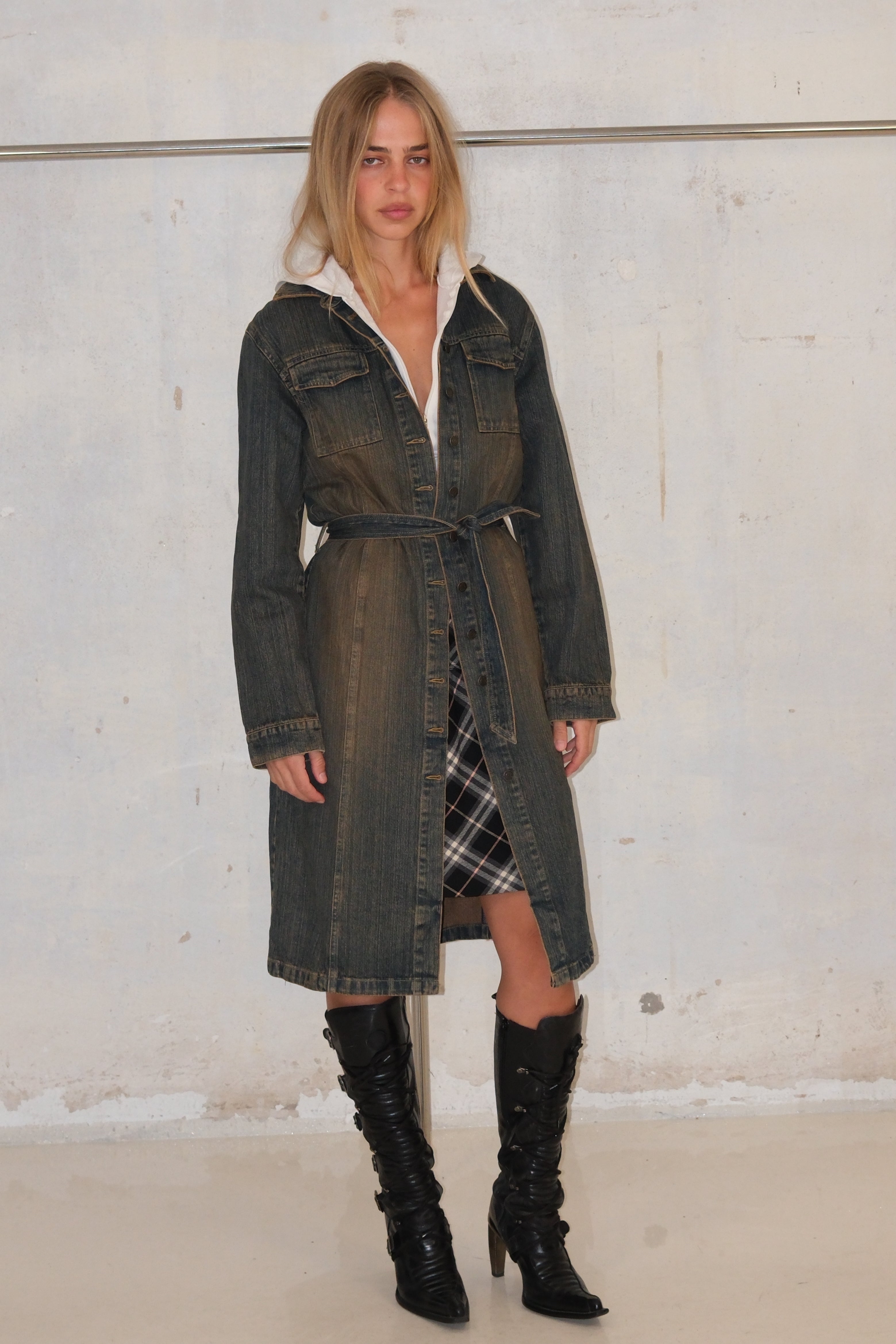 Long Distressed Denim Jacket With Buttons And Belt