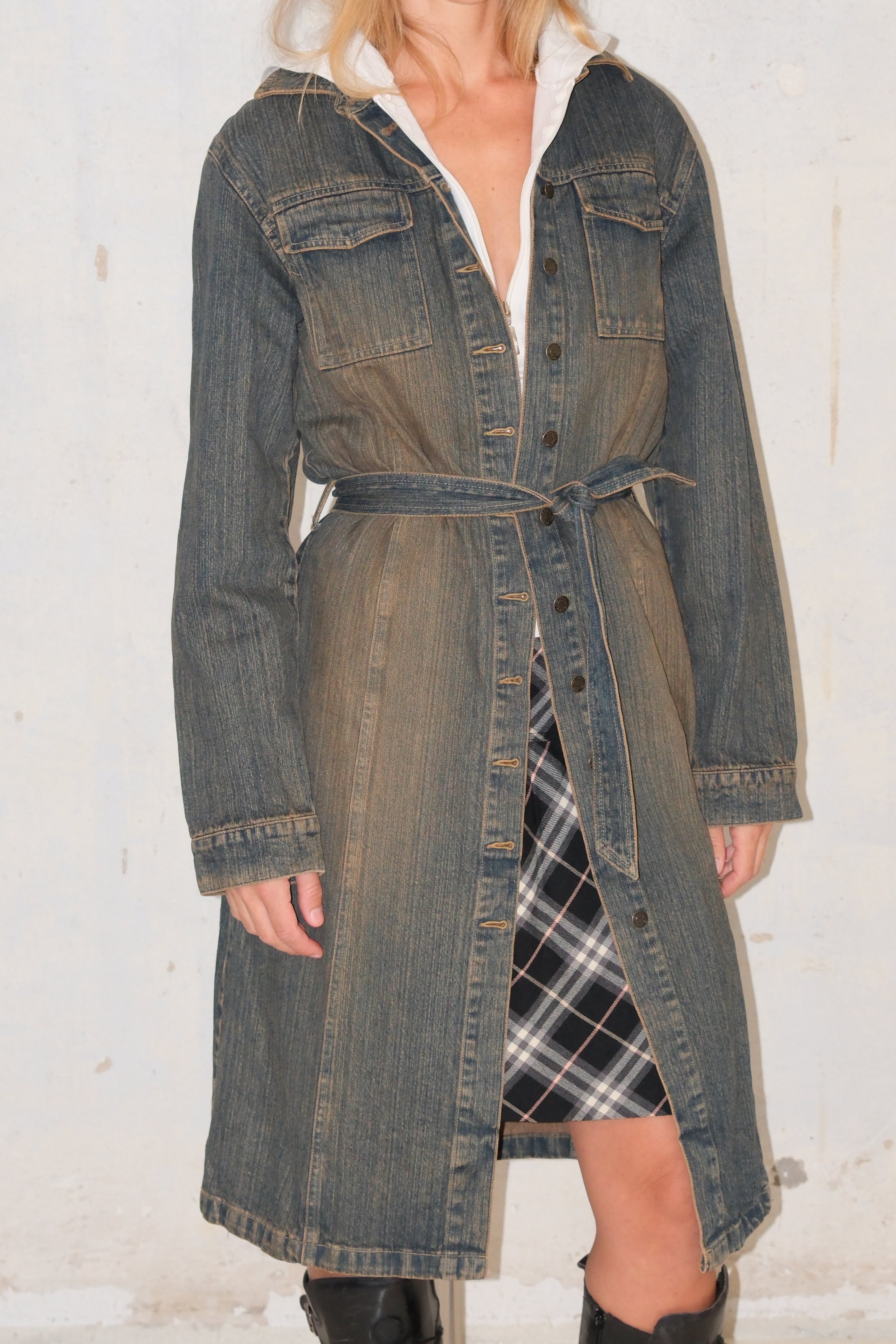 Long Distressed Denim Jacket With Buttons And Belt