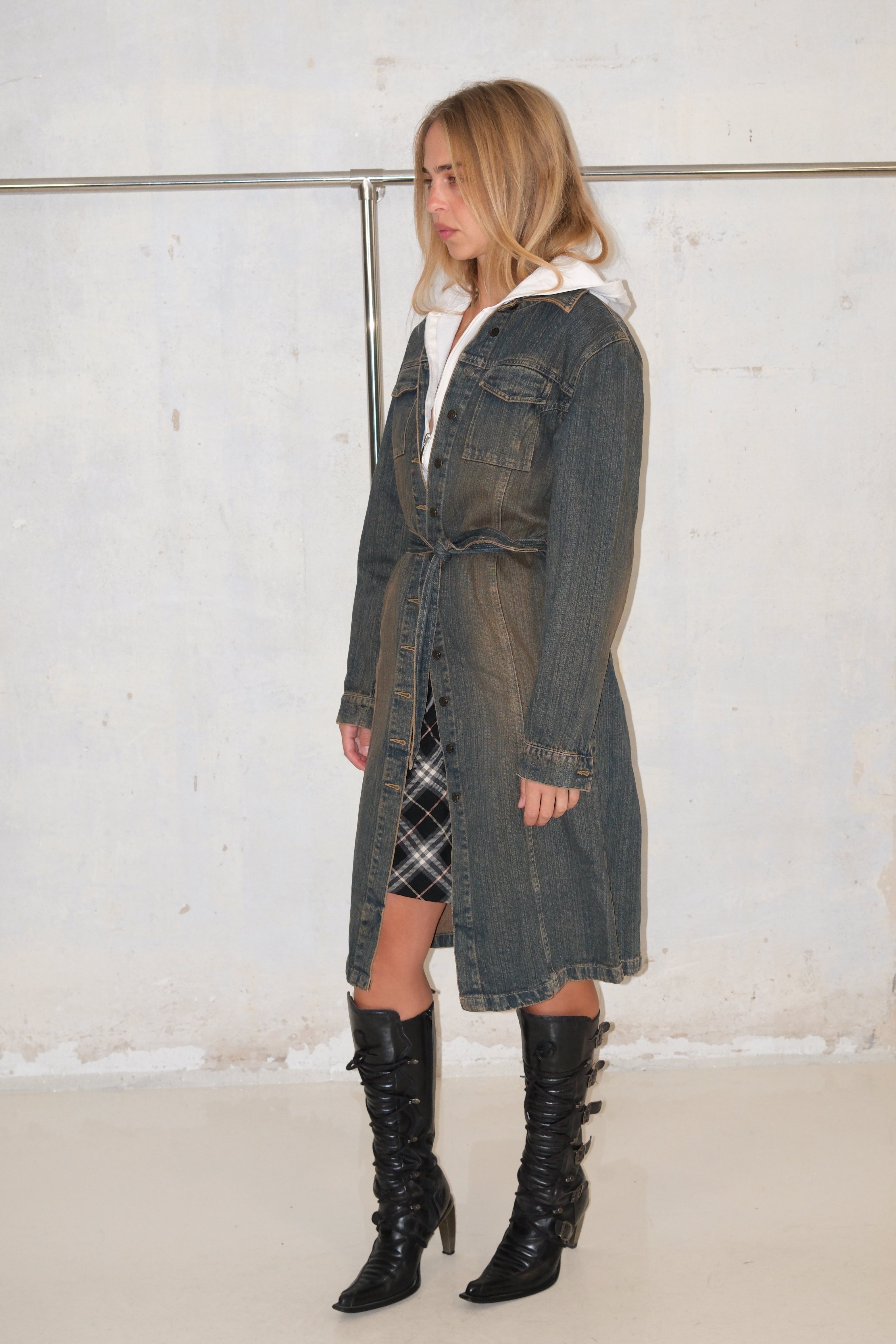 Long Distressed Denim Jacket With Buttons And Belt