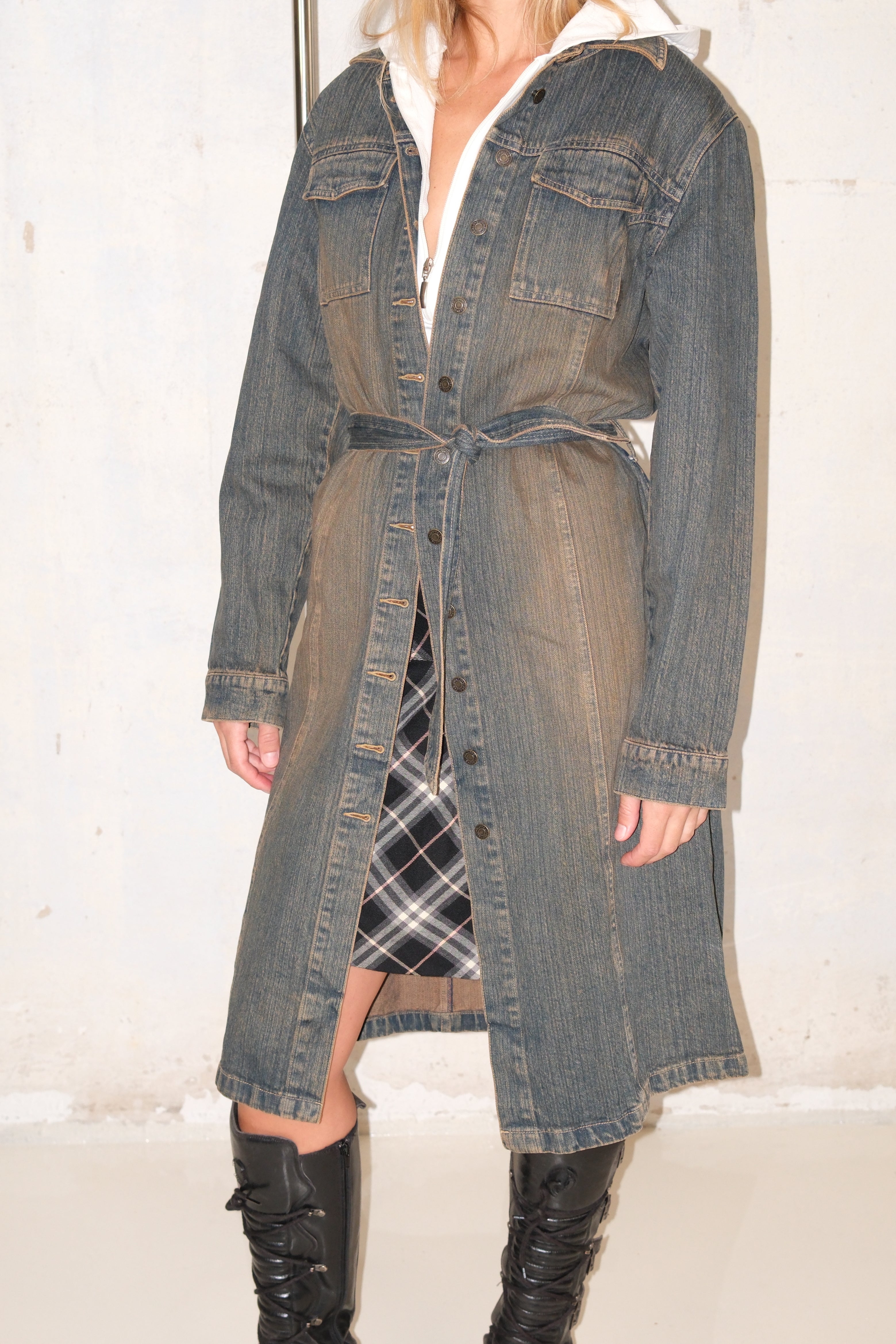 Long Distressed Denim Jacket With Buttons And Belt