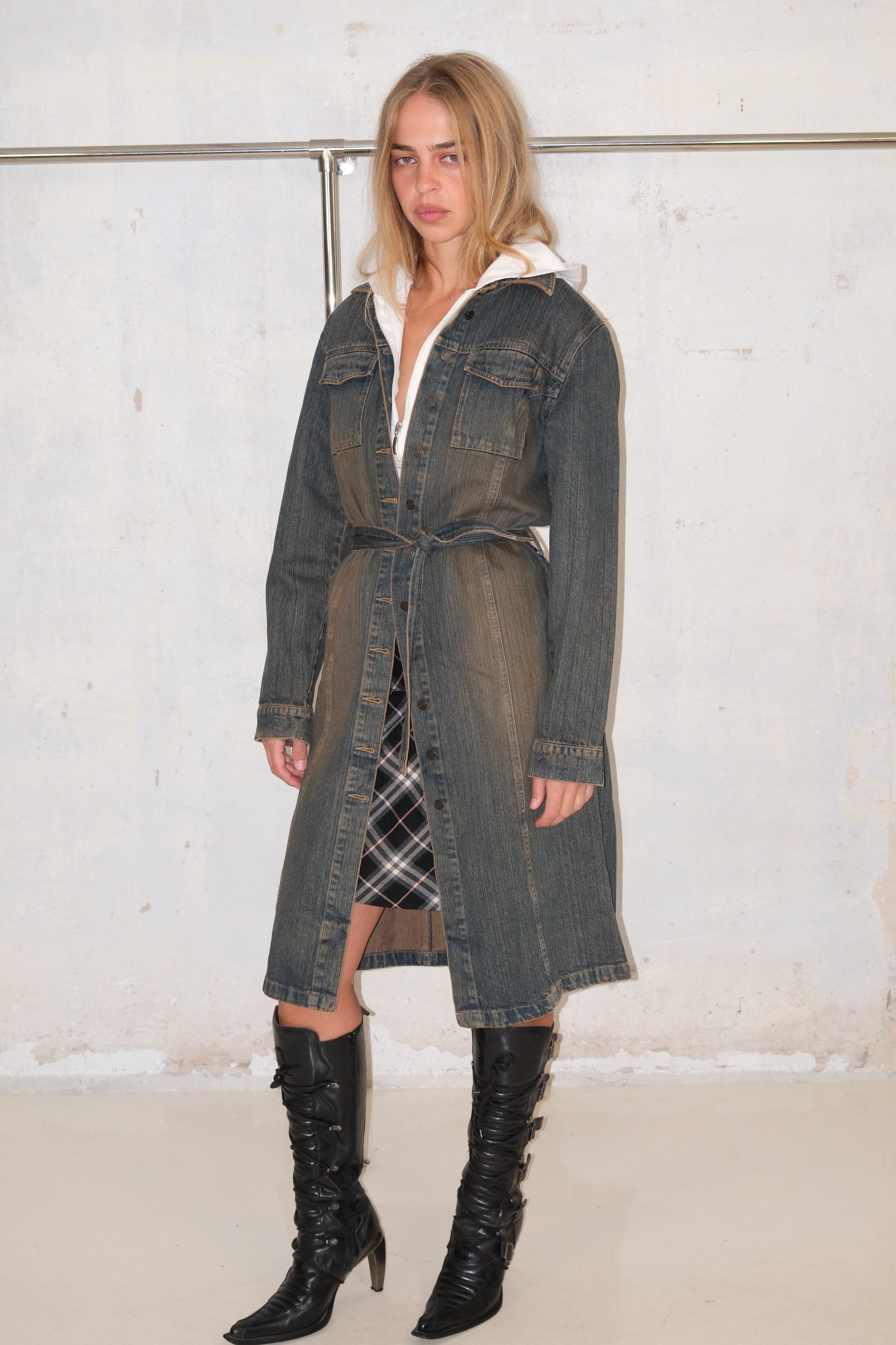 Long Distressed Denim Jacket With Buttons And Belt