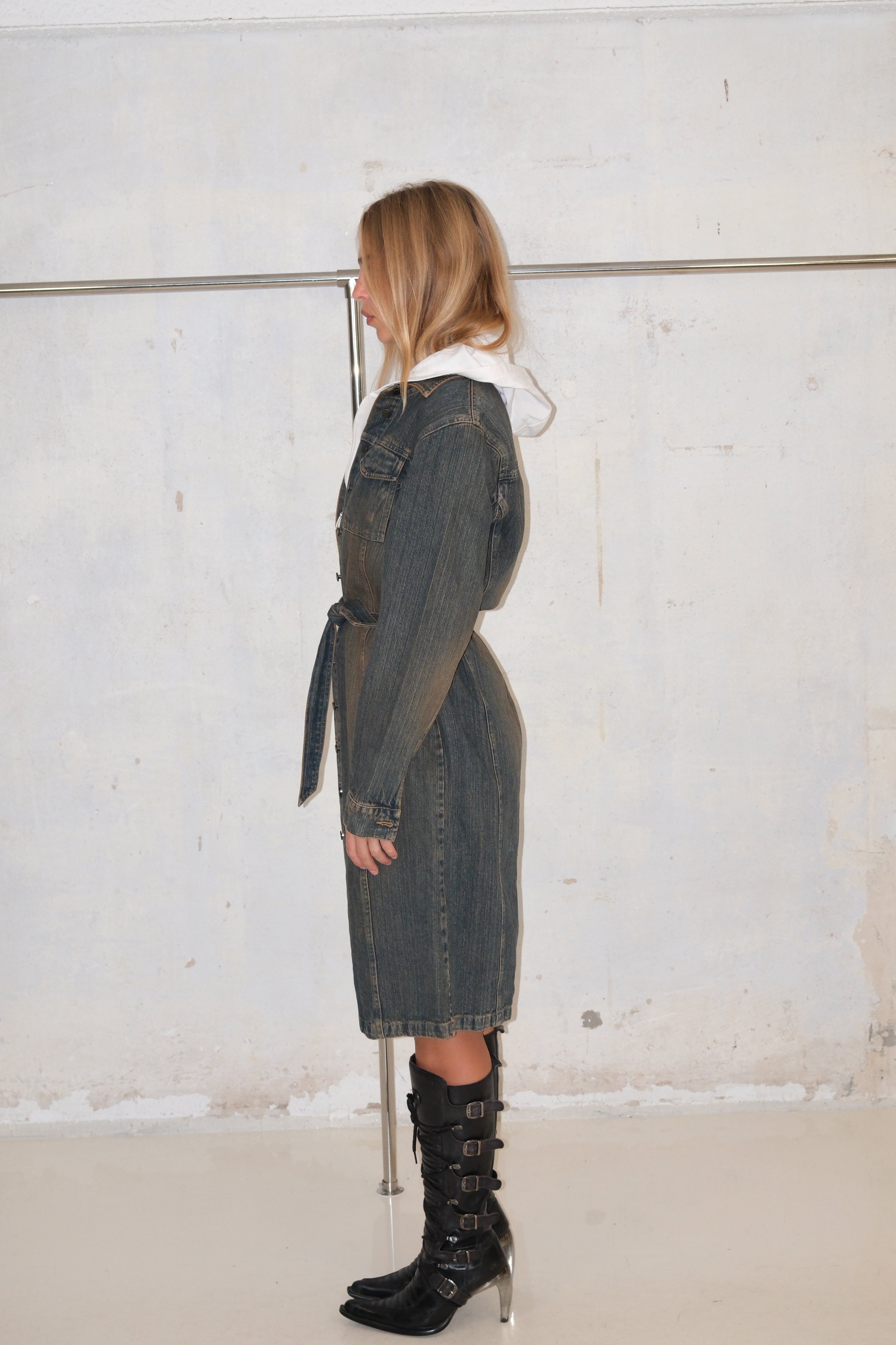 Long Distressed Denim Jacket With Buttons And Belt