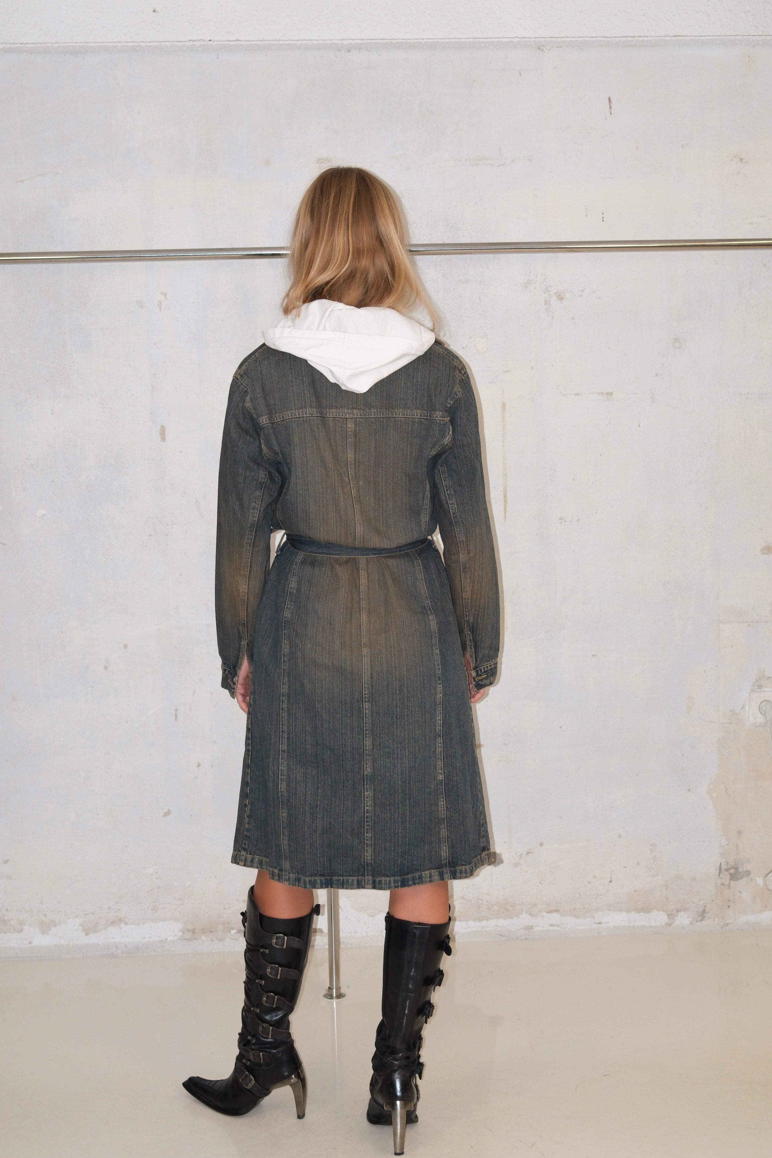 Long Distressed Denim Jacket With Buttons And Belt