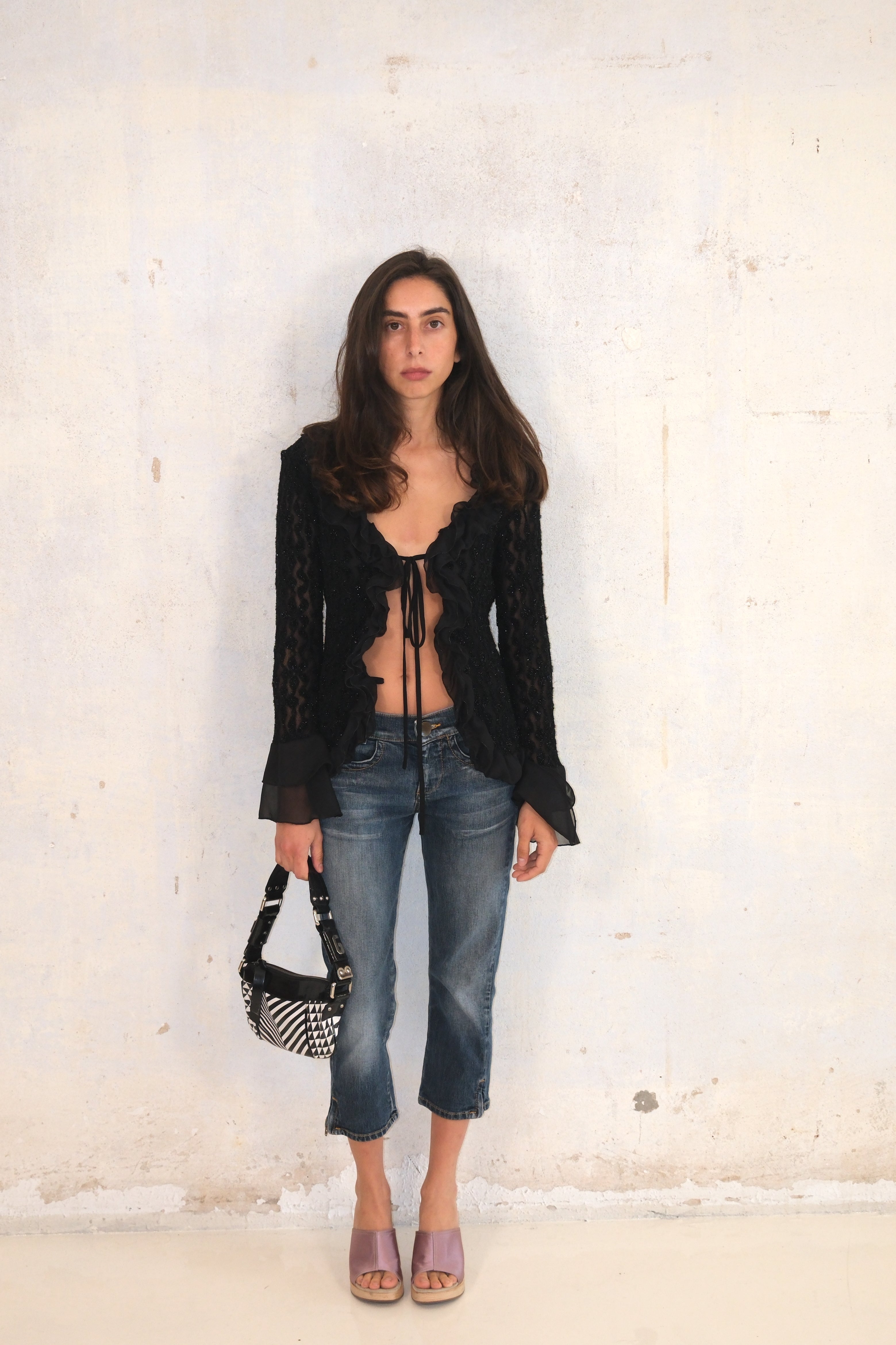 Black Shiny Tie-Front Cardigan With Ruffle Details