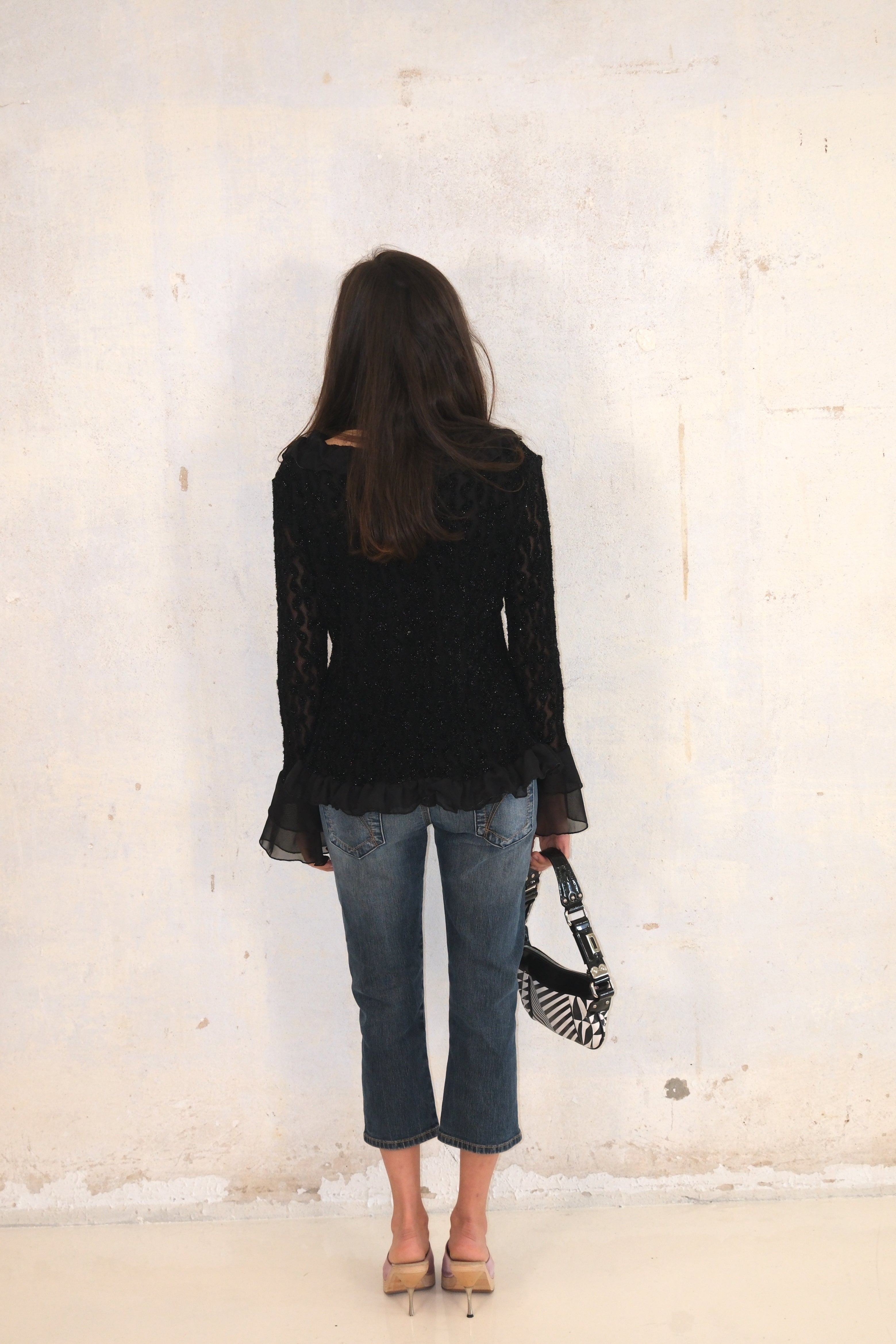 Black Shiny Tie-Front Cardigan With Ruffle Details