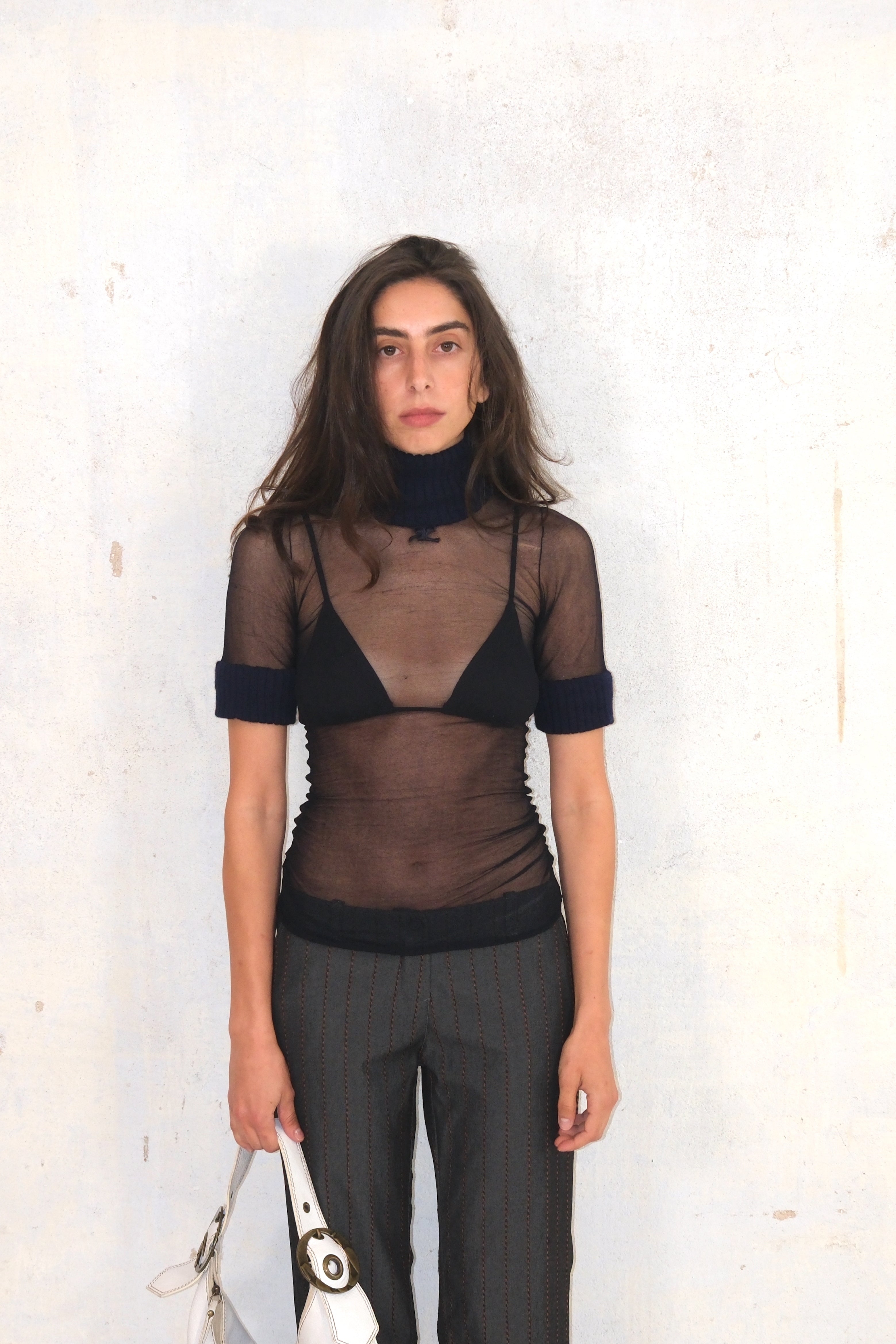 Black Sheer Courrèges top With Blue Turtleneck Top
