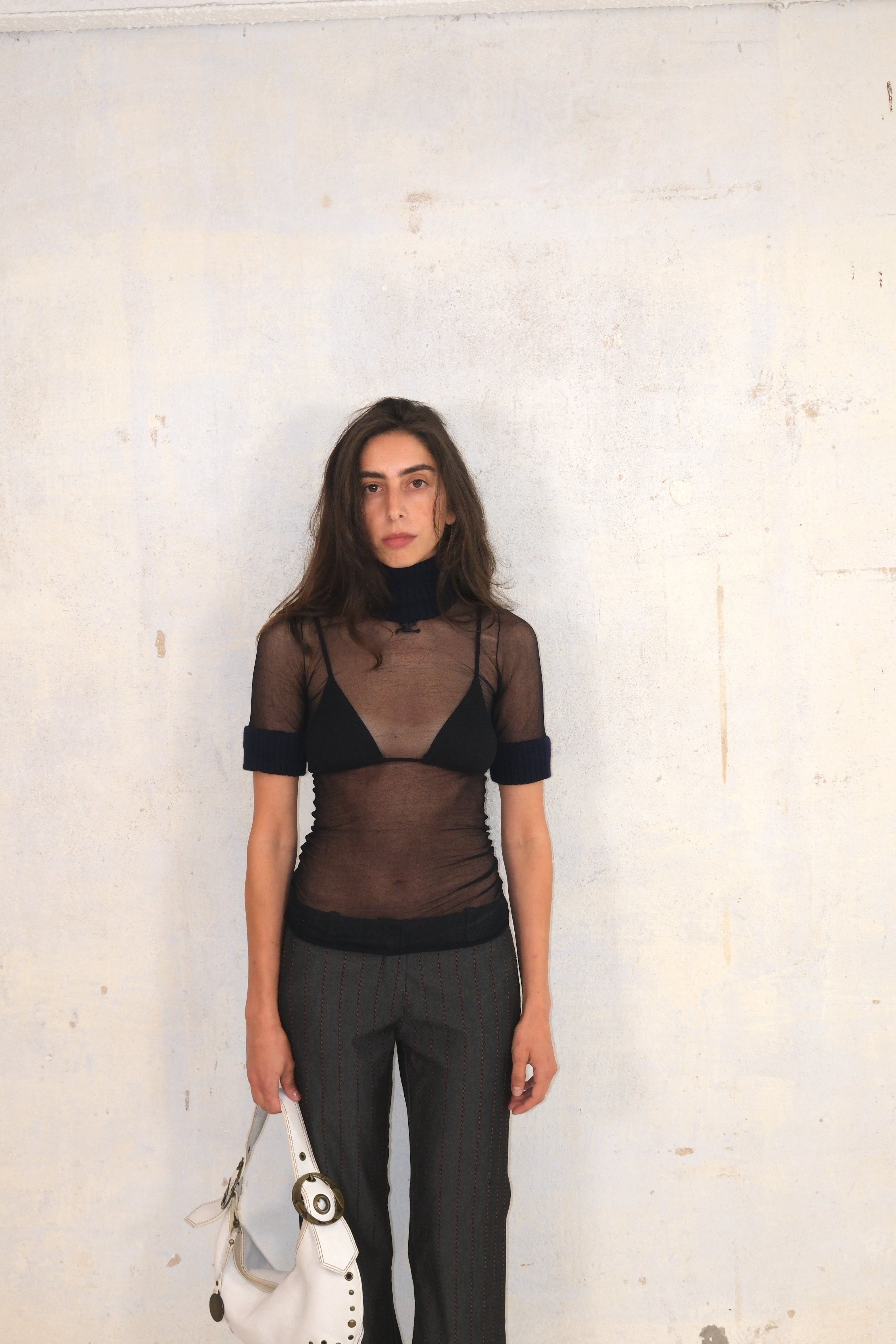 Black Sheer Courrèges top With Blue Turtleneck Top