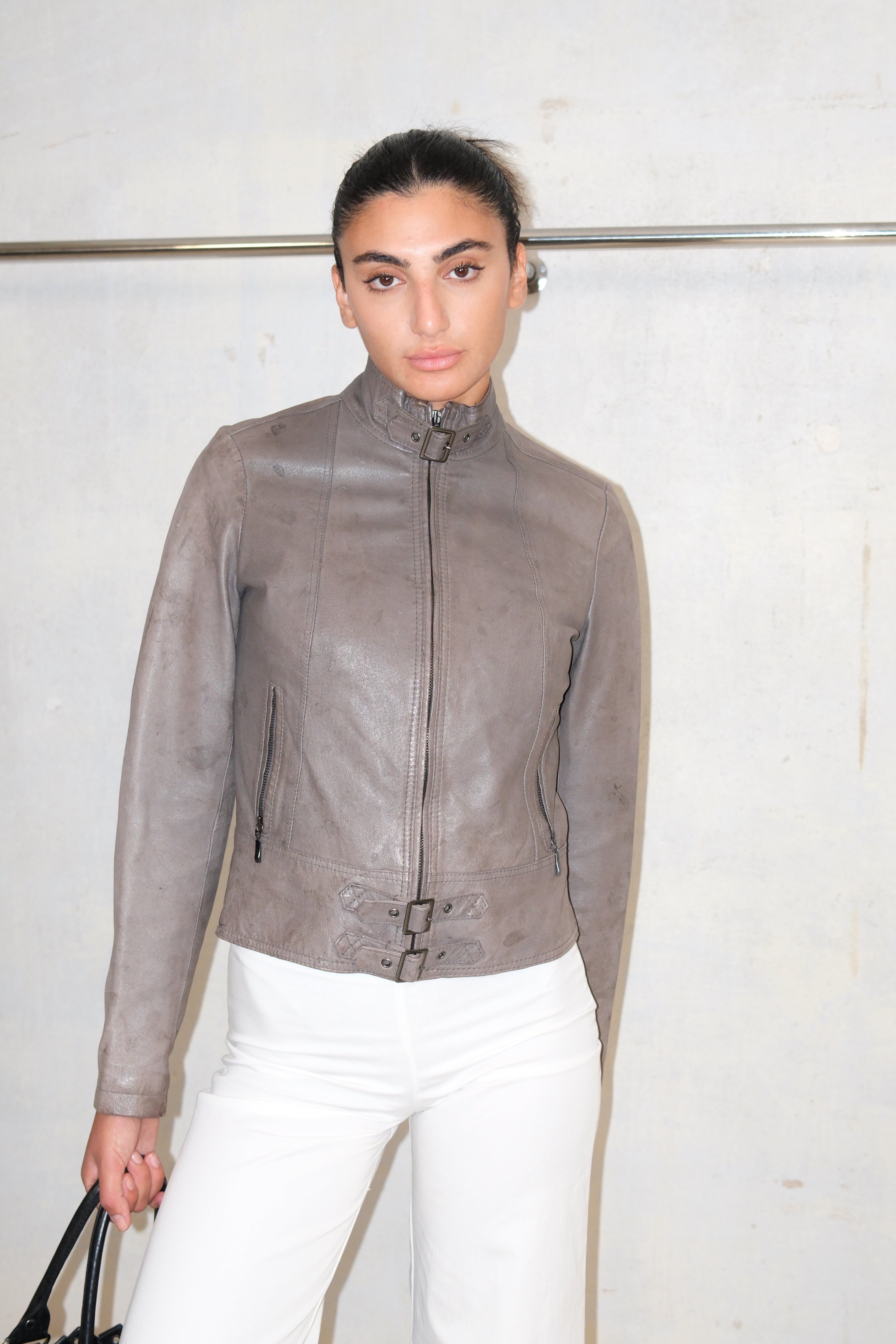 Gray Leather Jacket With Zippers