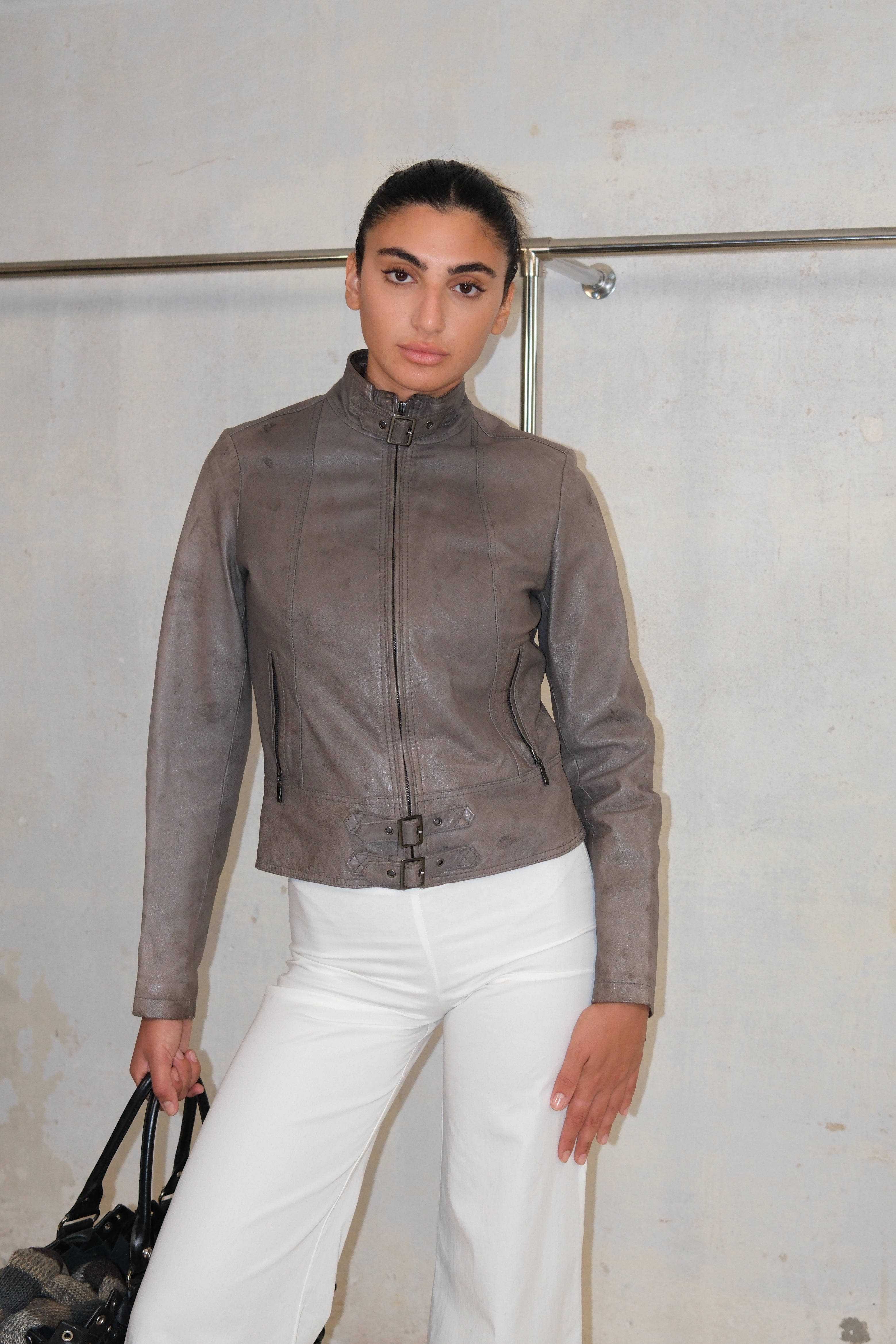 Gray Leather Jacket With Zippers