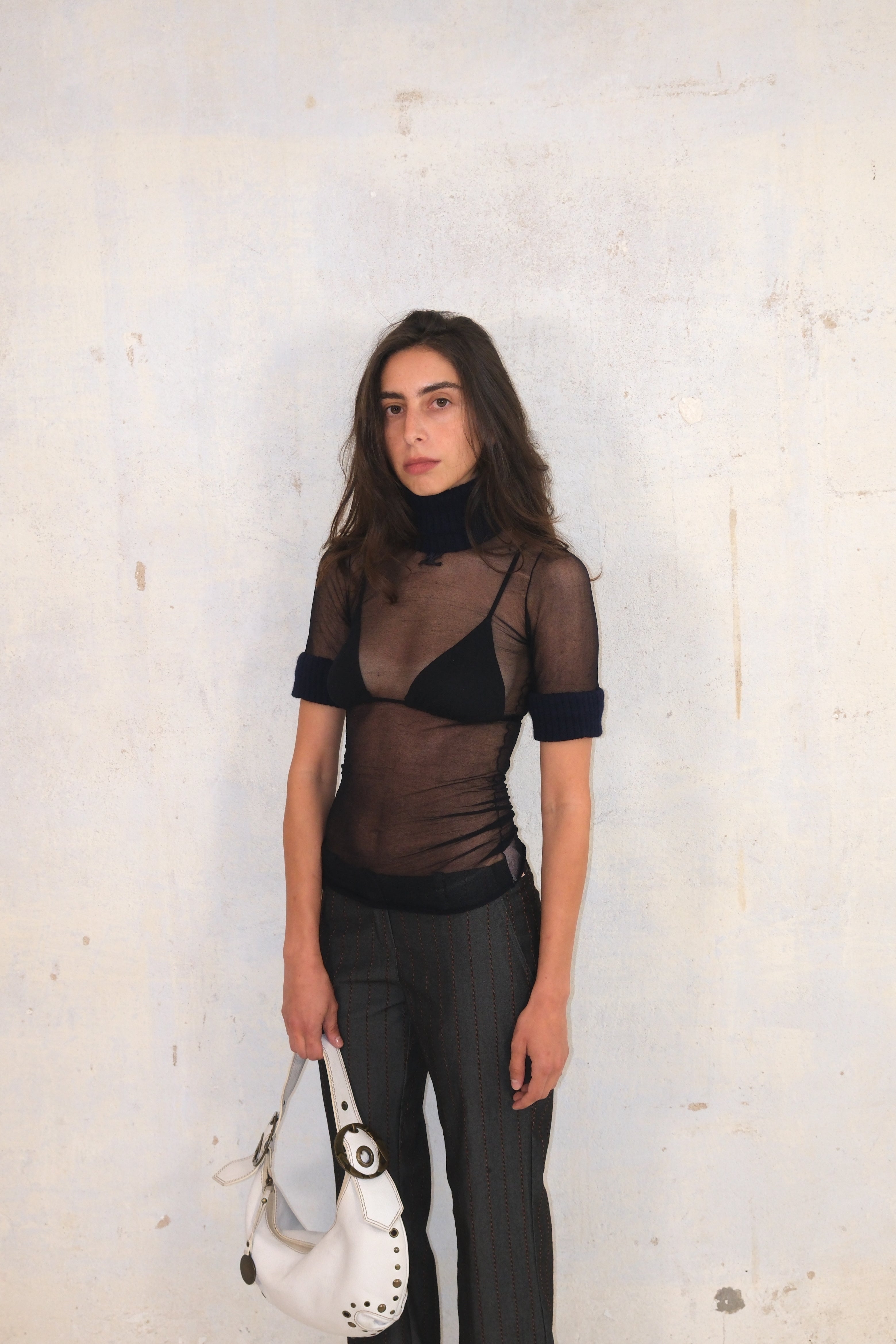 Black Sheer Courrèges top With Blue Turtleneck Top
