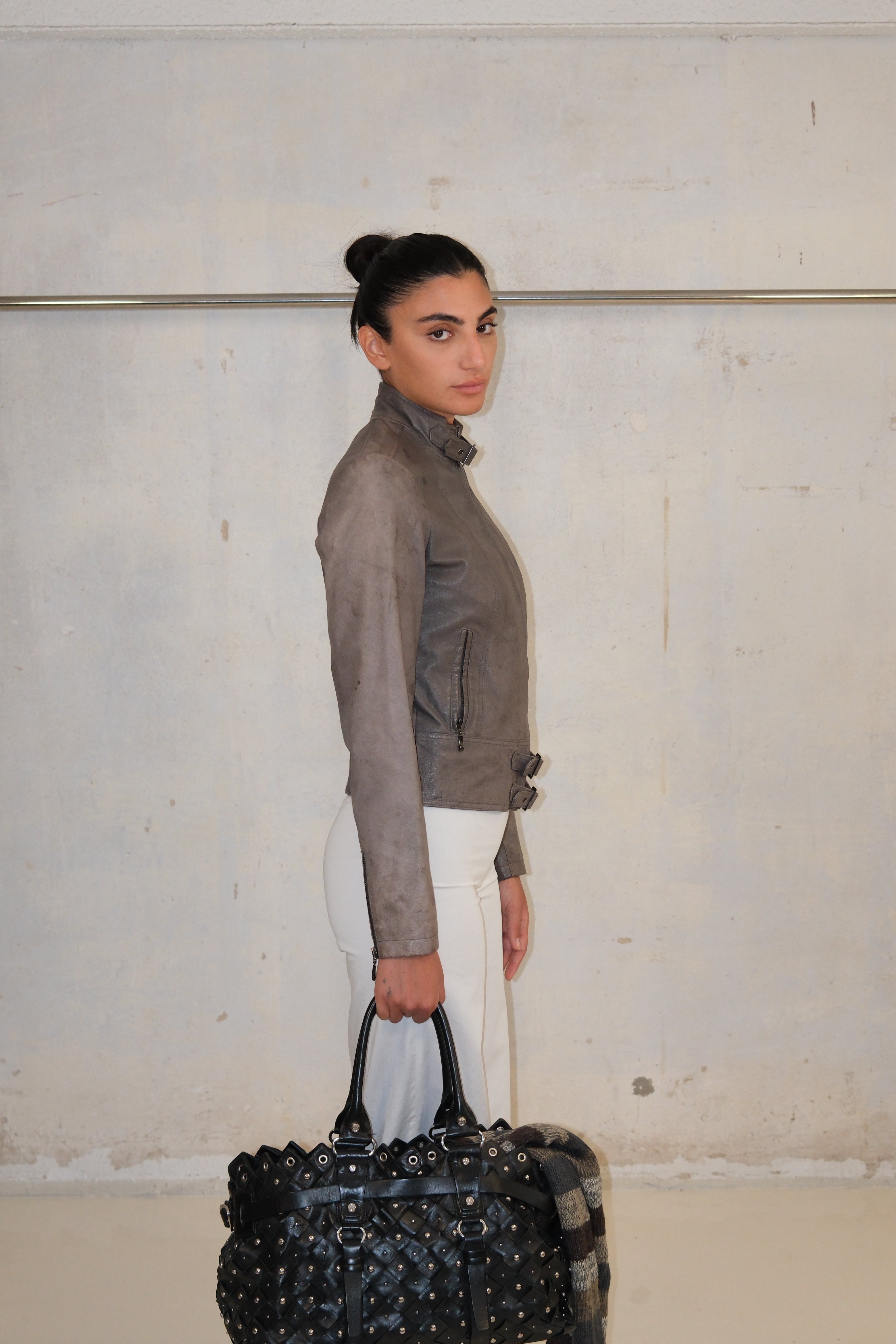 Gray Leather Jacket With Zippers